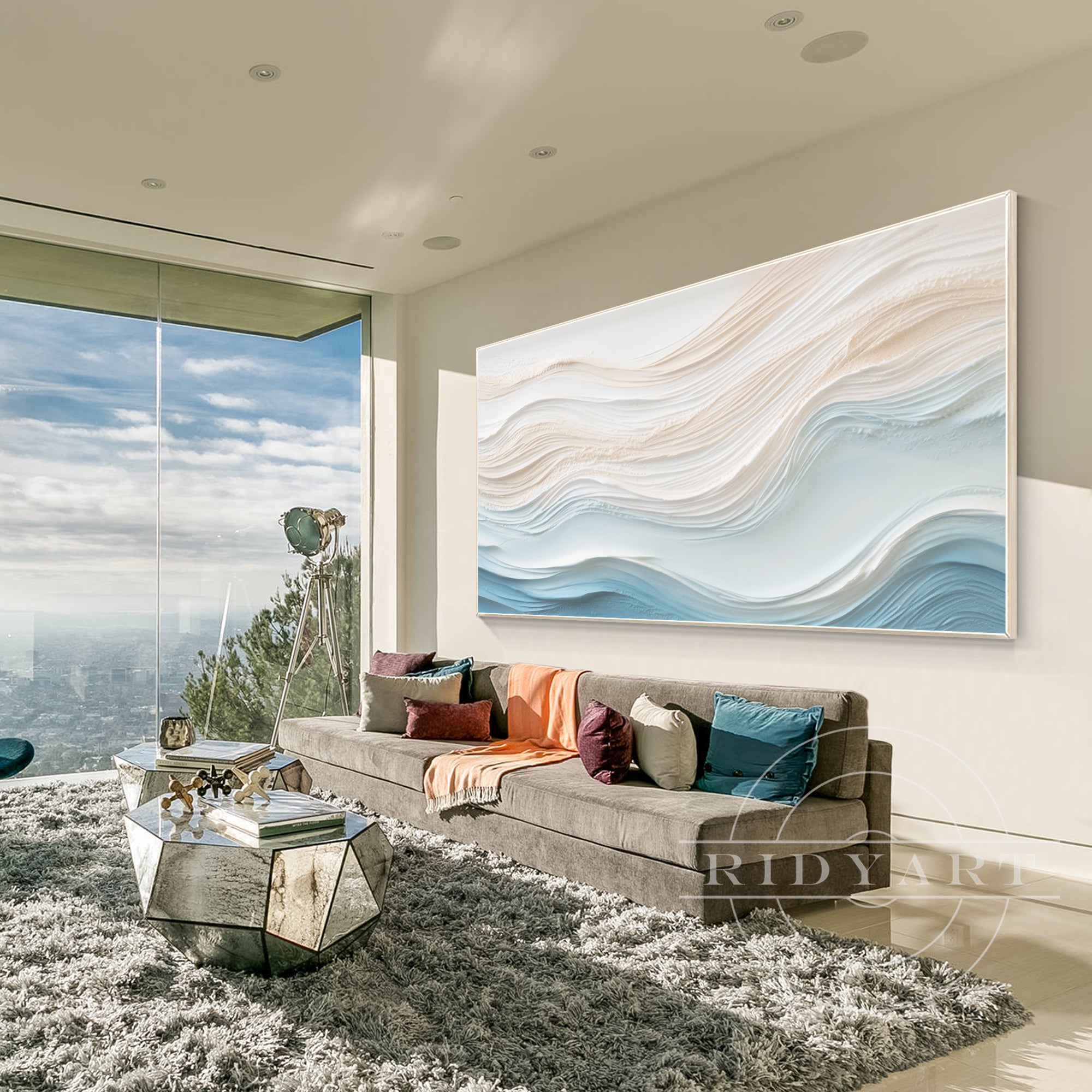 Abstract ocean wave painting in soft blue and beige, with 3D textures and a minimalist design, capturing the flow of waves in a cream-toned style.