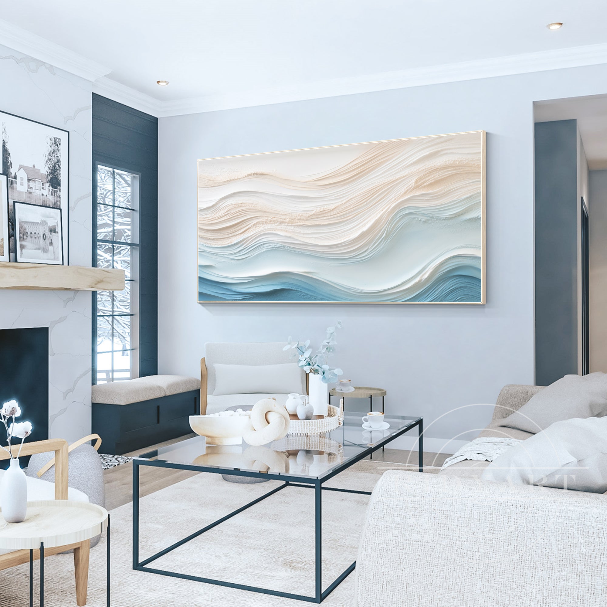 Abstract ocean wave painting in soft blue and beige, with 3D textures and a minimalist design, capturing the flow of waves in a cream-toned style.