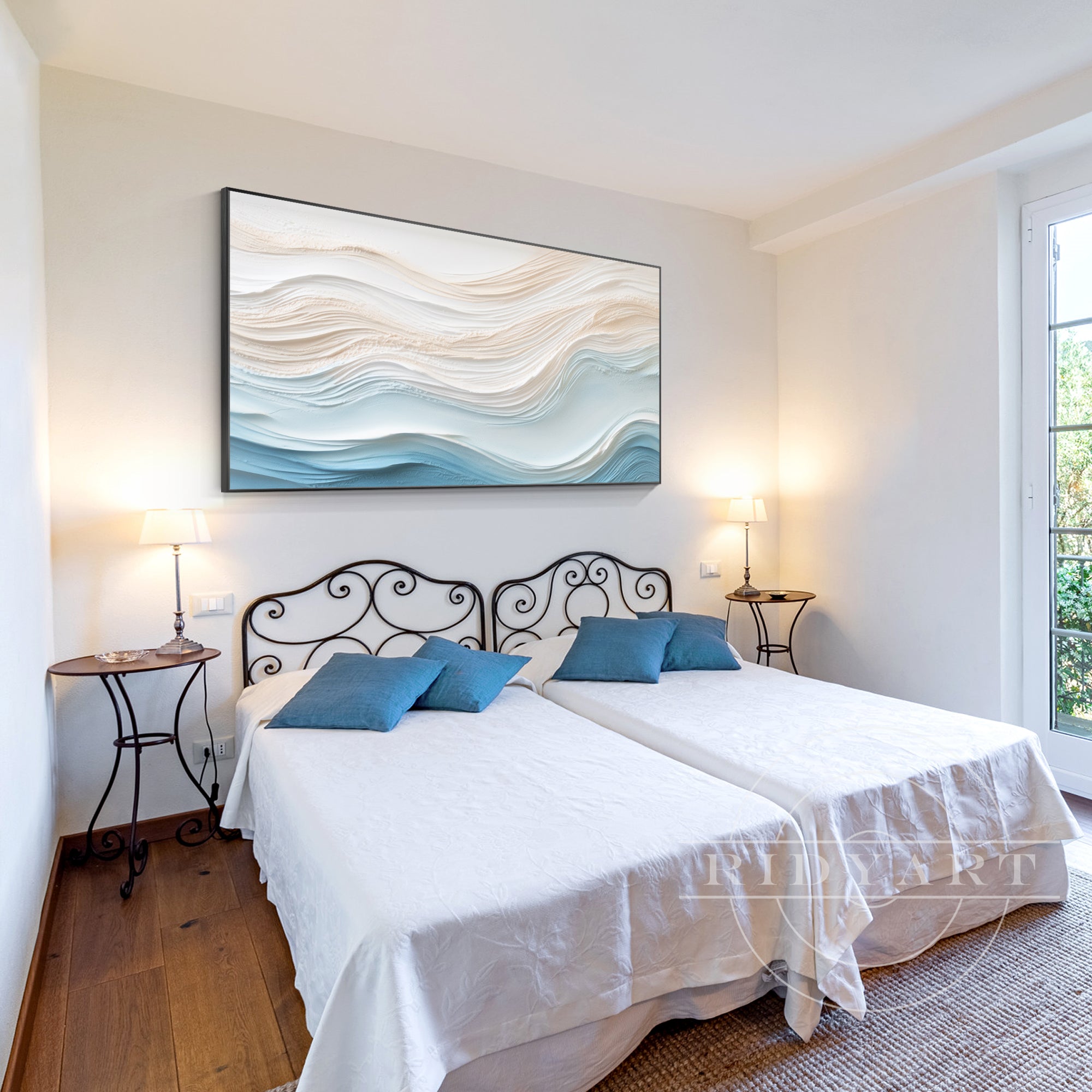 Abstract ocean wave painting in soft blue and beige, with 3D textures and a minimalist design, capturing the flow of waves in a cream-toned style.