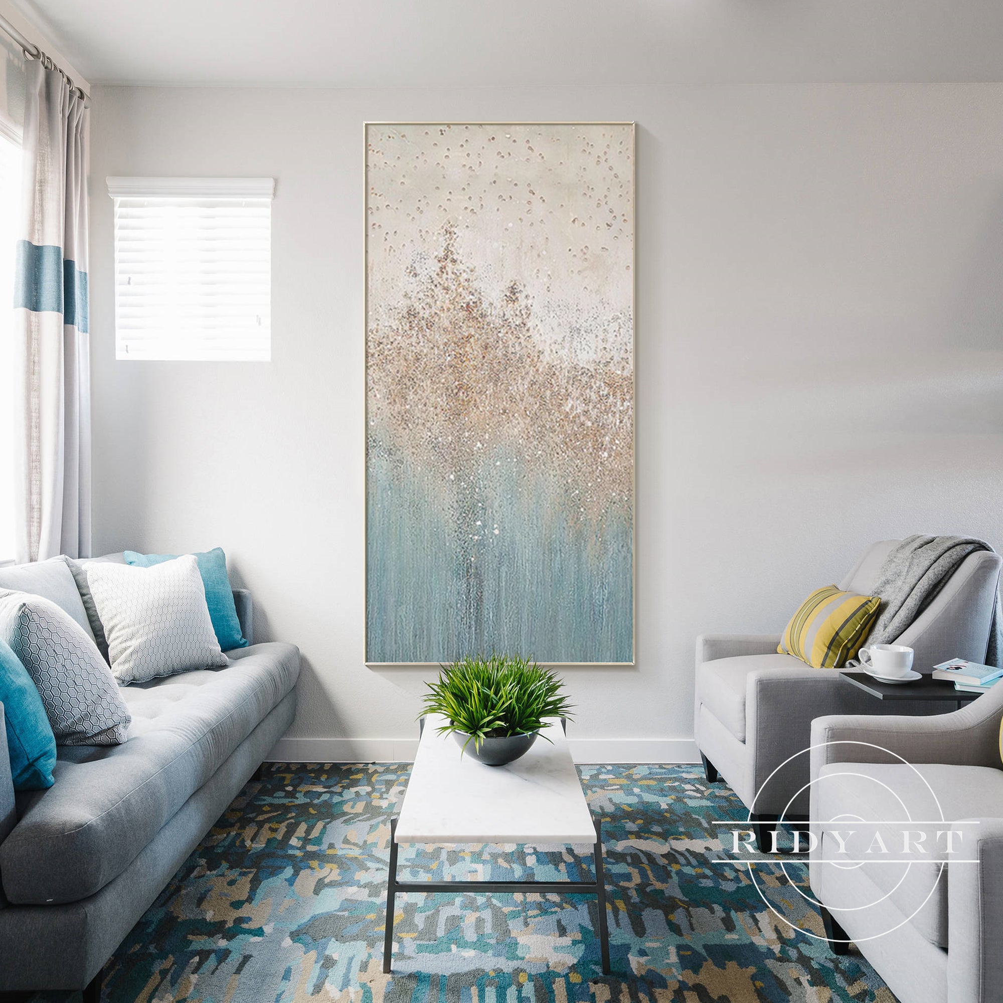 Lichtblauwe en gouden glitter abstracte schilderij