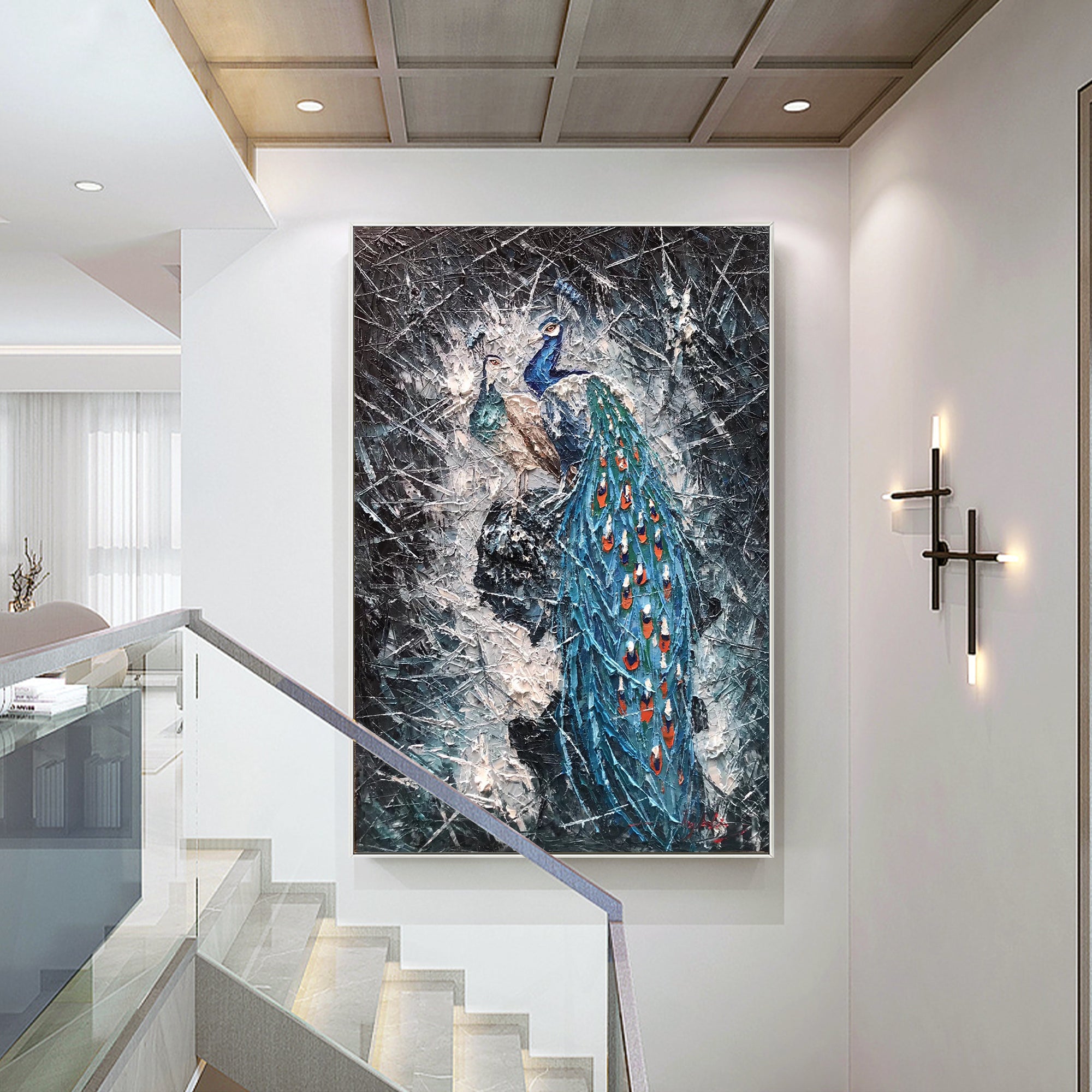 Blaues Pfauenpaar Gemälde auf Leinwand Original
