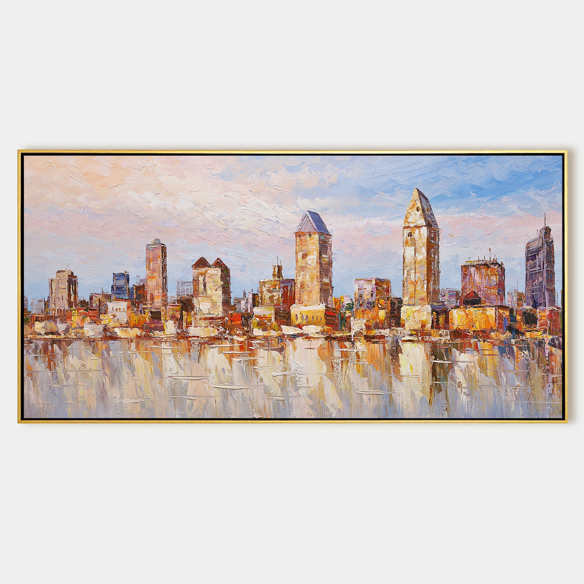 Original San Diego city skyline oil painting with sunset glow.
