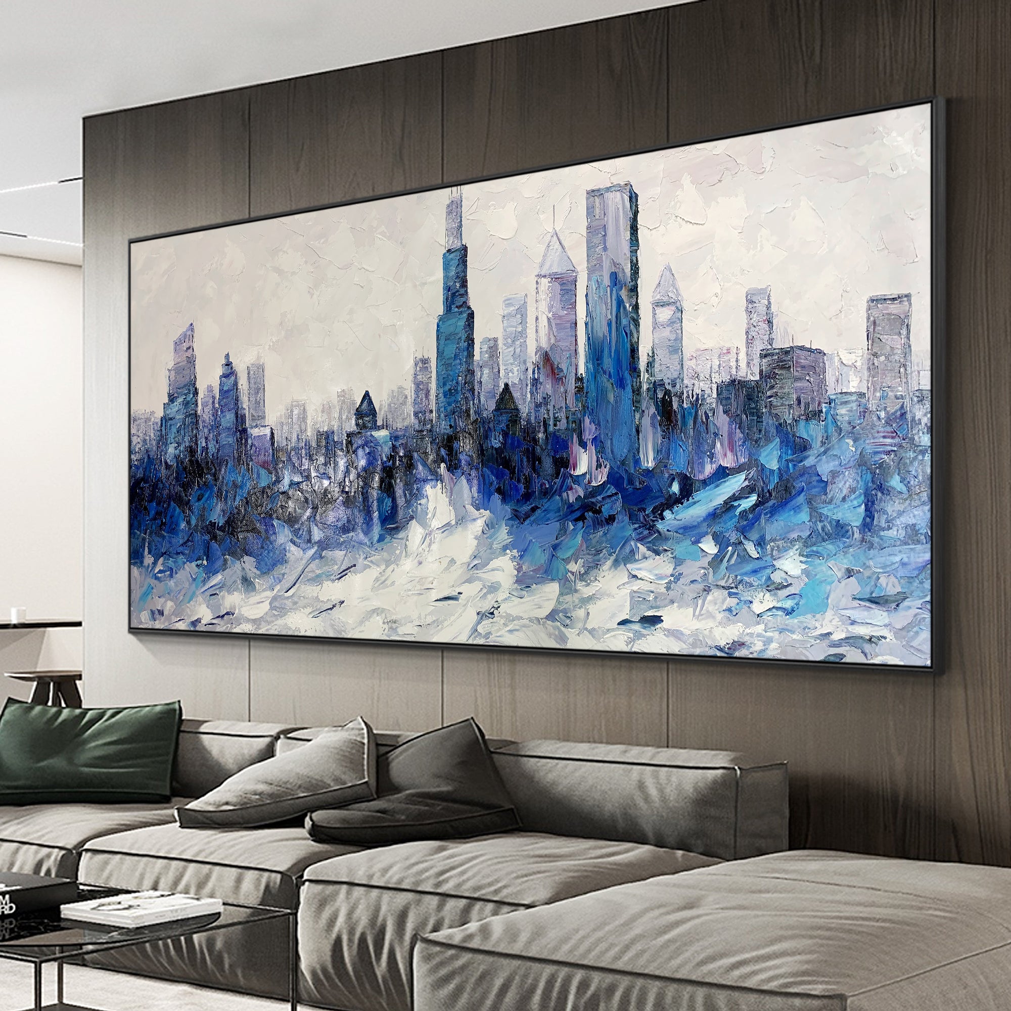 Blaues Ölgemälde „Skyline von Chicago“