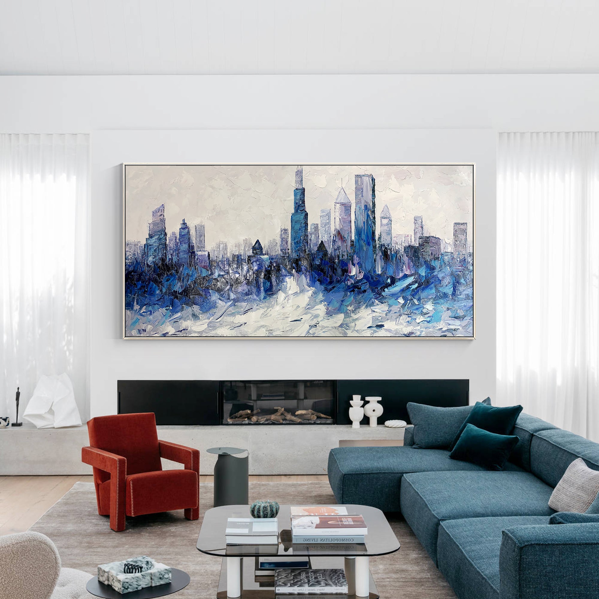 Blaues Ölgemälde „Skyline von Chicago“