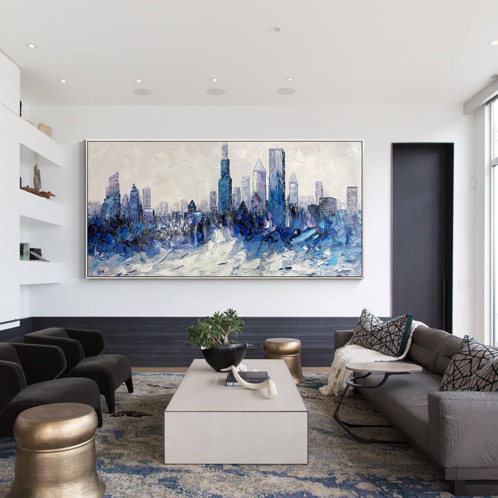 Blaues Ölgemälde „Skyline von Chicago“
