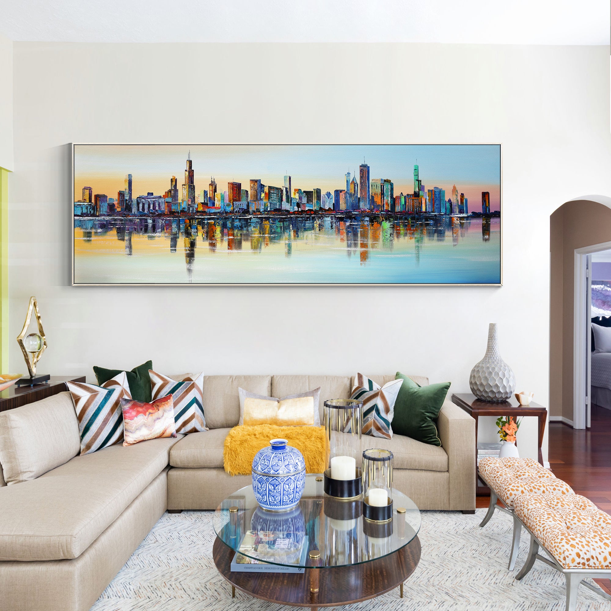 abstract chicago sunset skyline colorful textured painting art