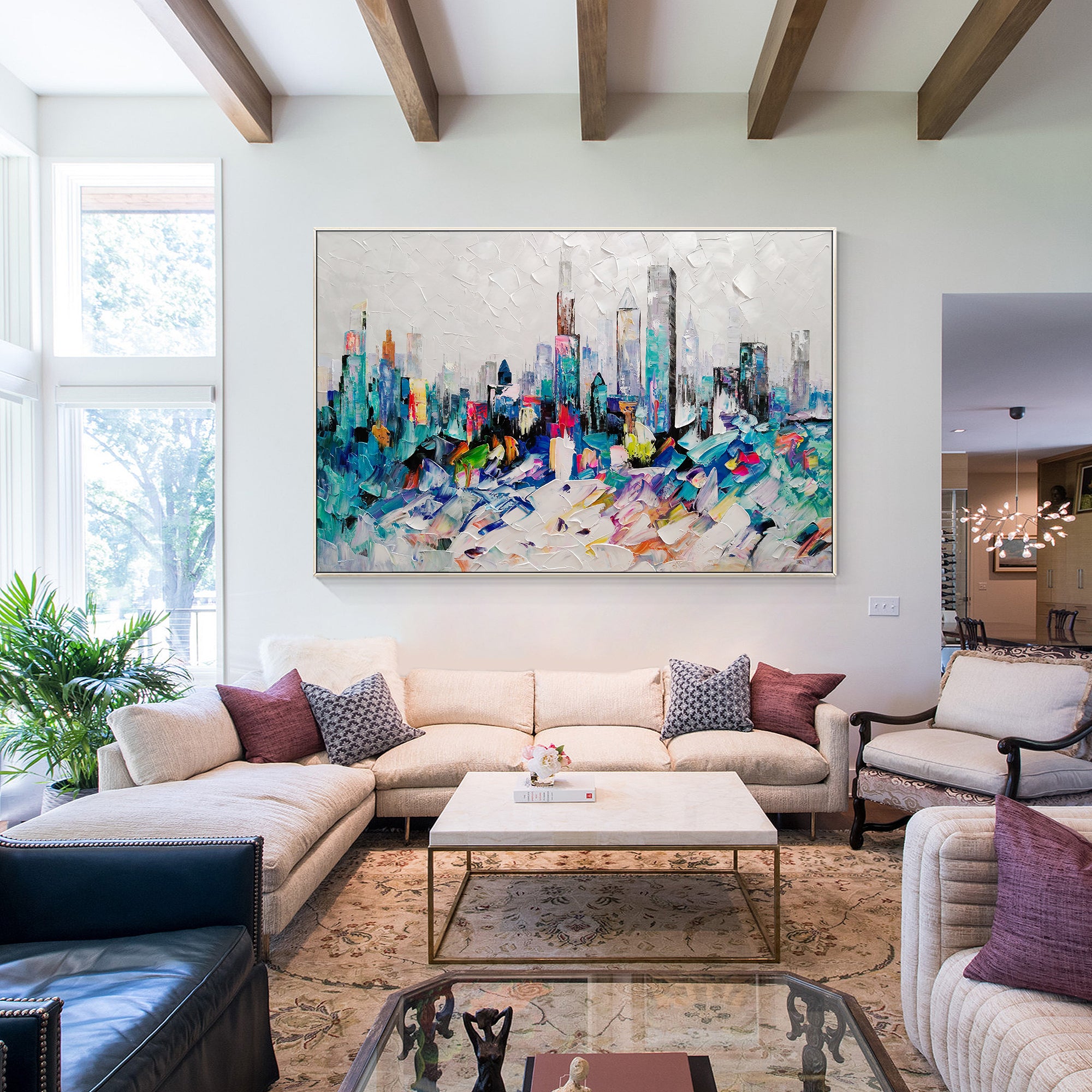 Ölgemälde Skyline von Chicago, Petrol / bunte Kunst