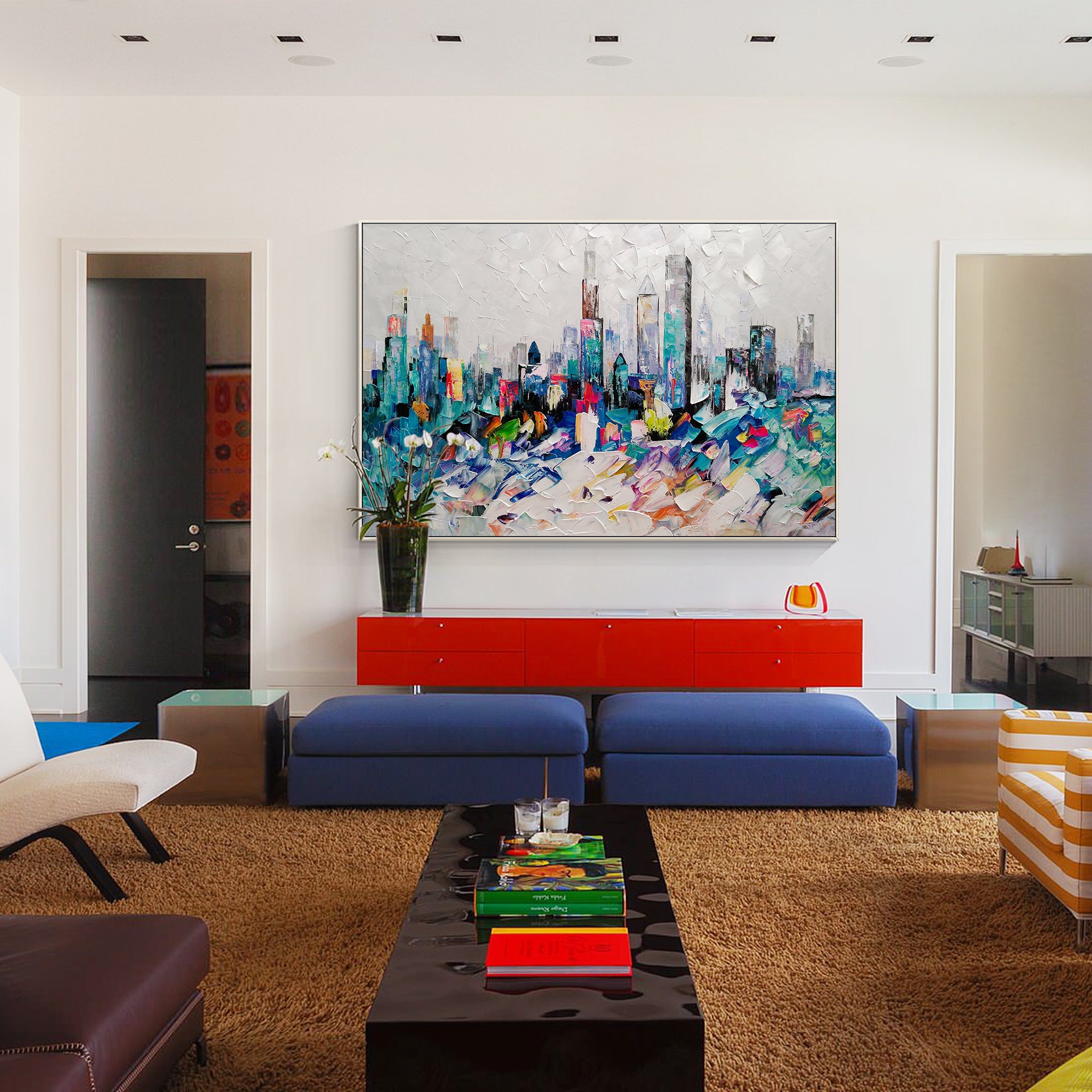 Ölgemälde Skyline von Chicago, Petrol / bunte Kunst