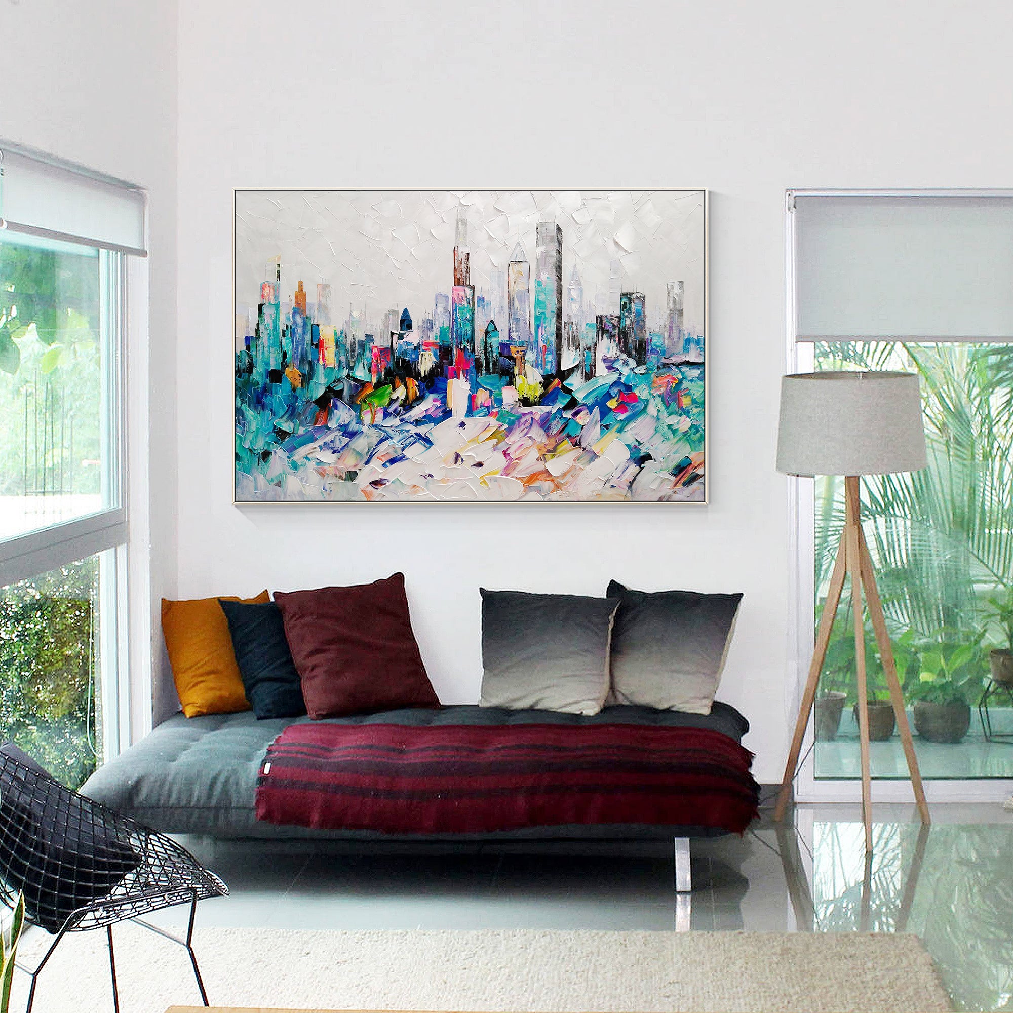 Ölgemälde Skyline von Chicago, Petrol / bunte Kunst