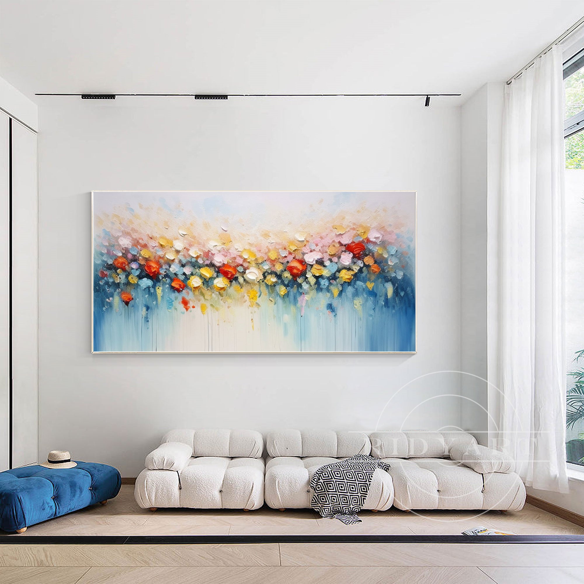 Horizontal 3D textured colorful abstract flower painting on canvas, large wall art perfect for modern home decor or vibrant living spaces.