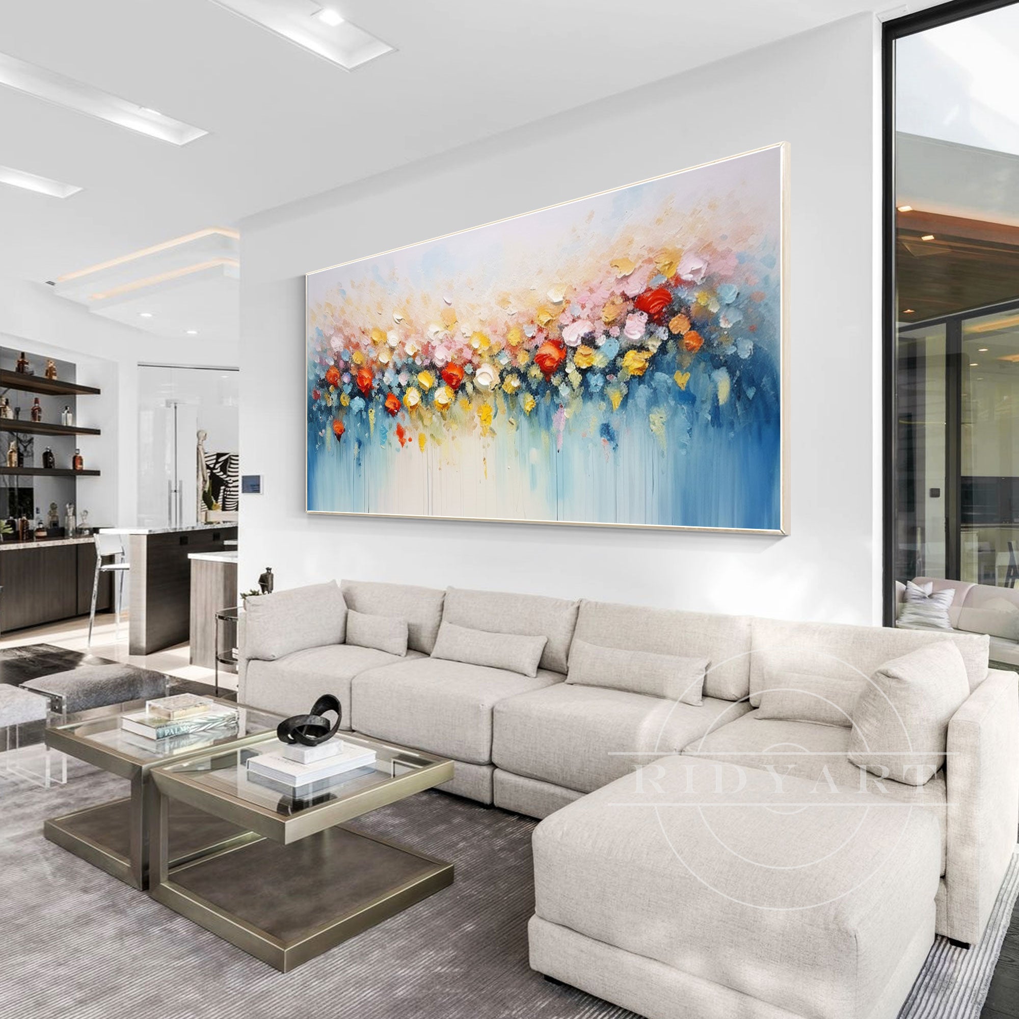 Horizontal 3D textured colorful abstract flower painting on canvas, large wall art perfect for modern home decor or vibrant living spaces.