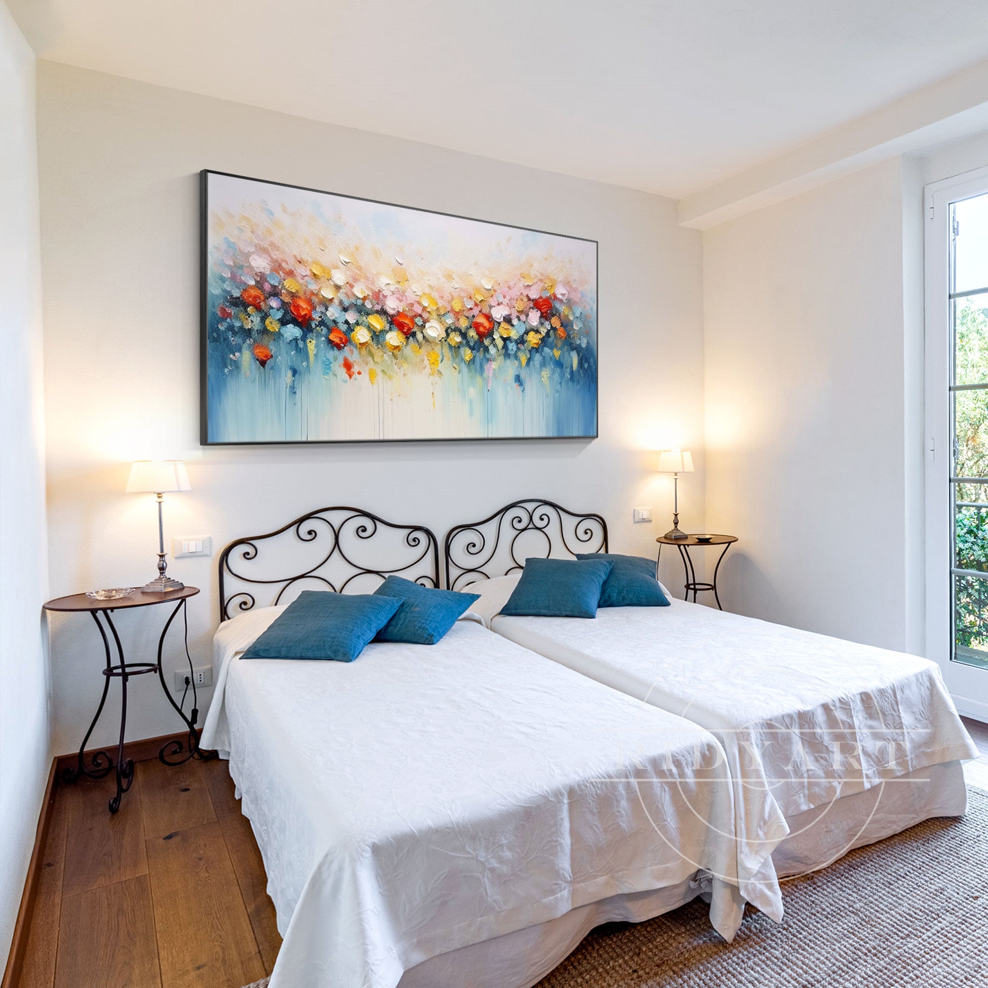 Horizontal 3D textured colorful abstract flower painting on canvas, large wall art perfect for modern home decor or vibrant living spaces.