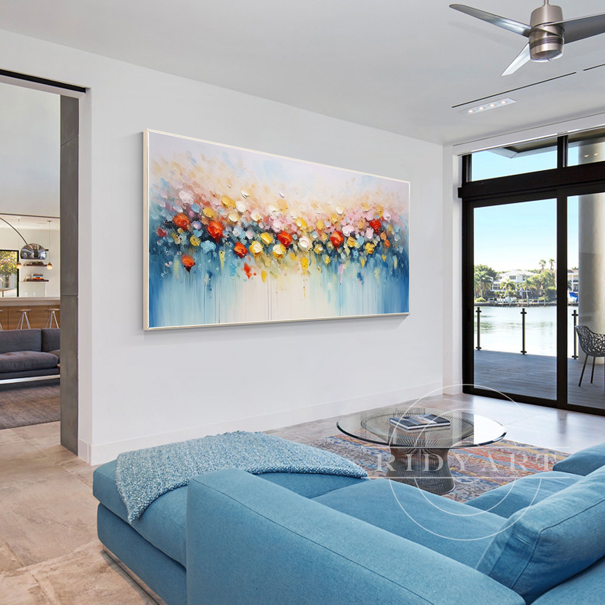 Horizontal 3D textured colorful abstract flower painting on canvas, large wall art perfect for modern home decor or vibrant living spaces.