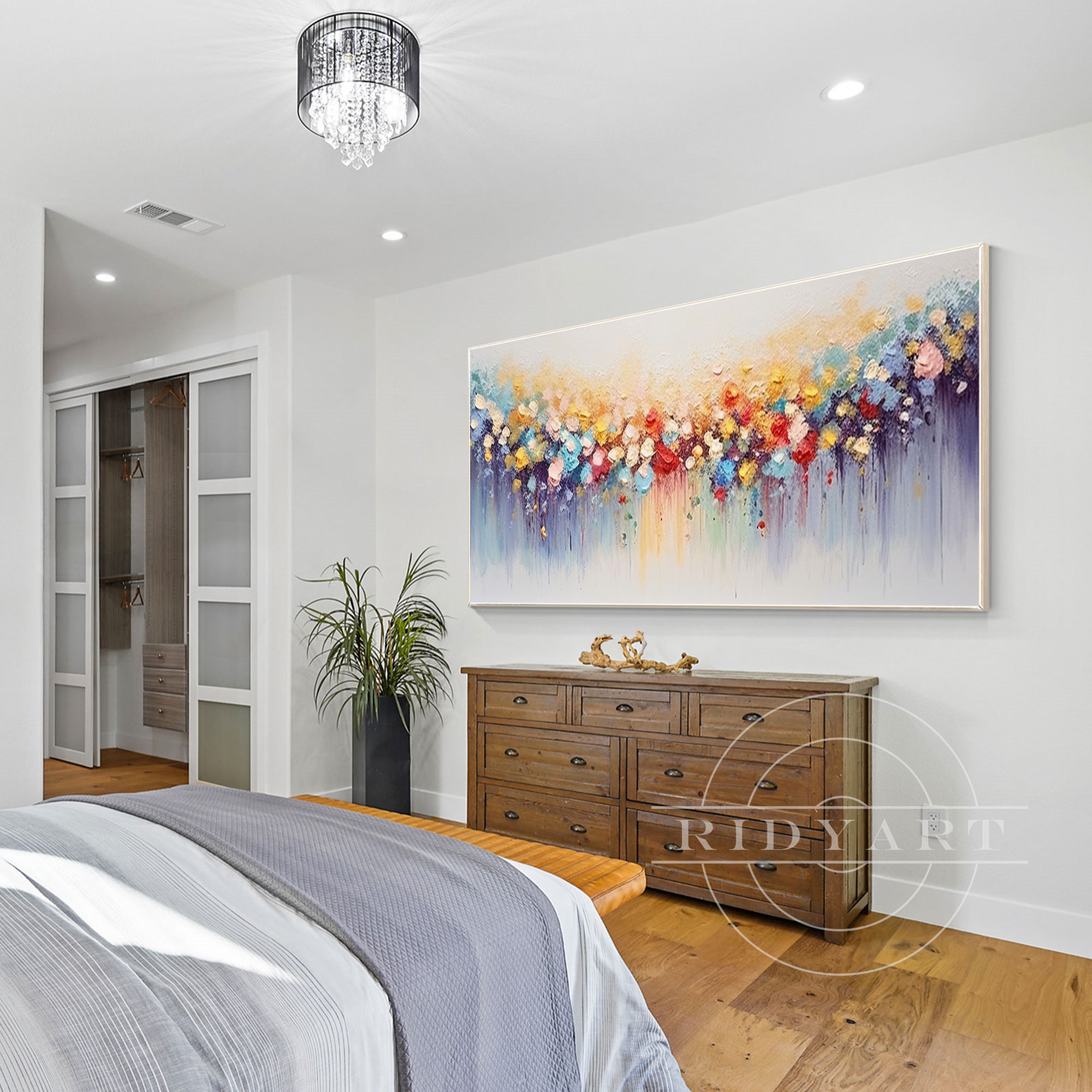 Horizontal colorful abstract flower painting with 3D texture on canvas, large wall art for modern interiors or vibrant home decor.