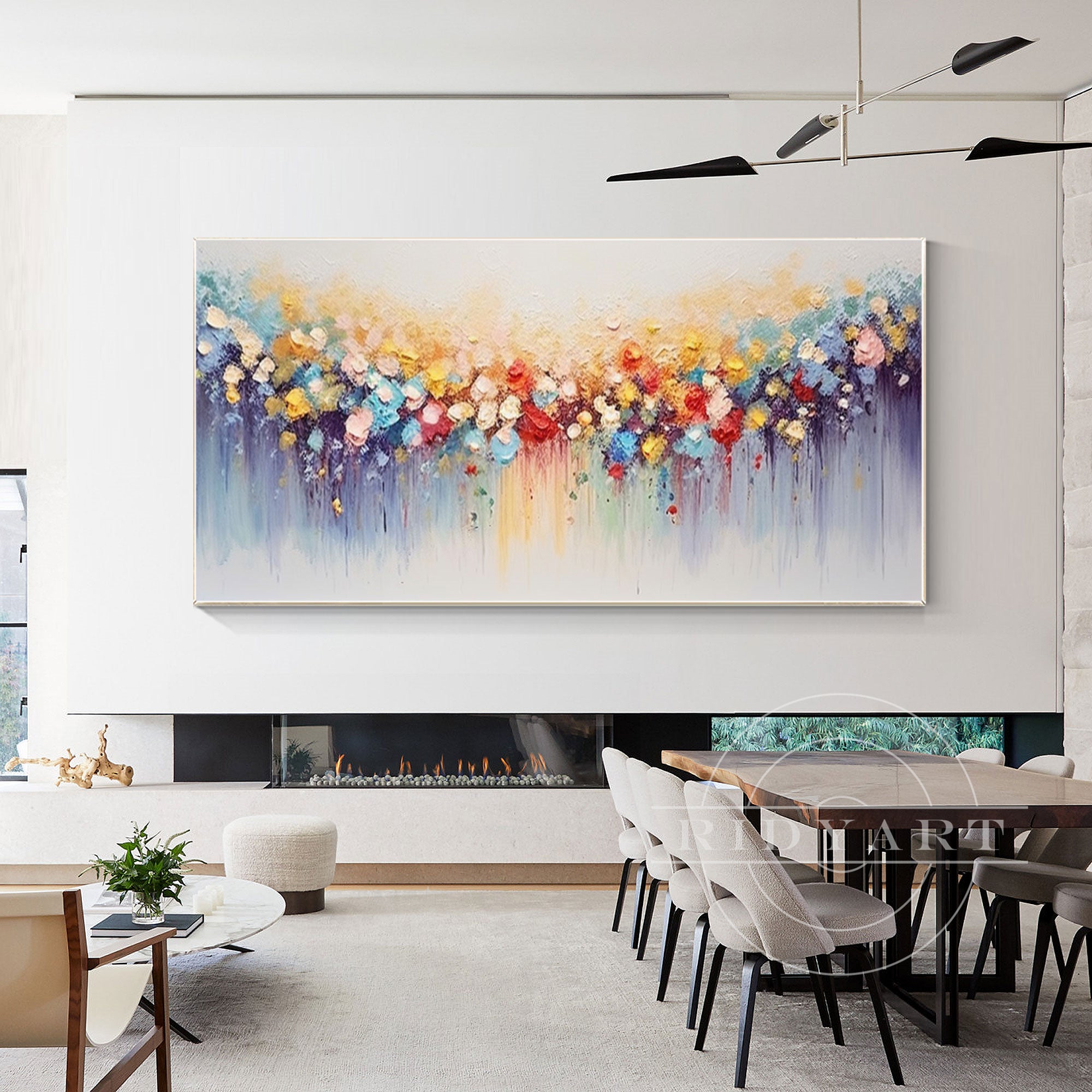 Horizontal colorful abstract flower painting with 3D texture on canvas, large wall art for modern interiors or vibrant home decor.