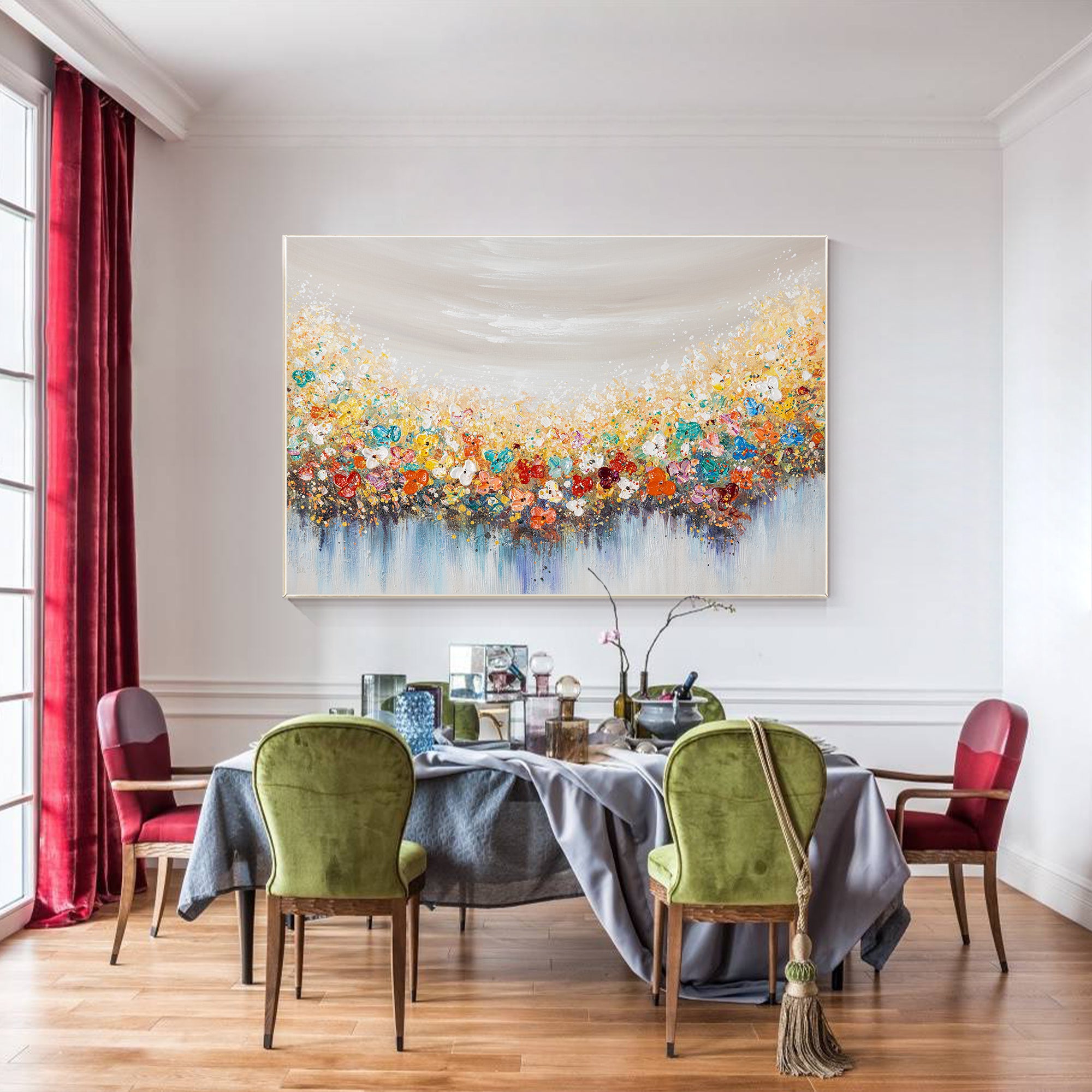Horizontal 3D textured colorful wildflower painting on canvas, extra-large floral wall art for modern home decor or vibrant living spaces.