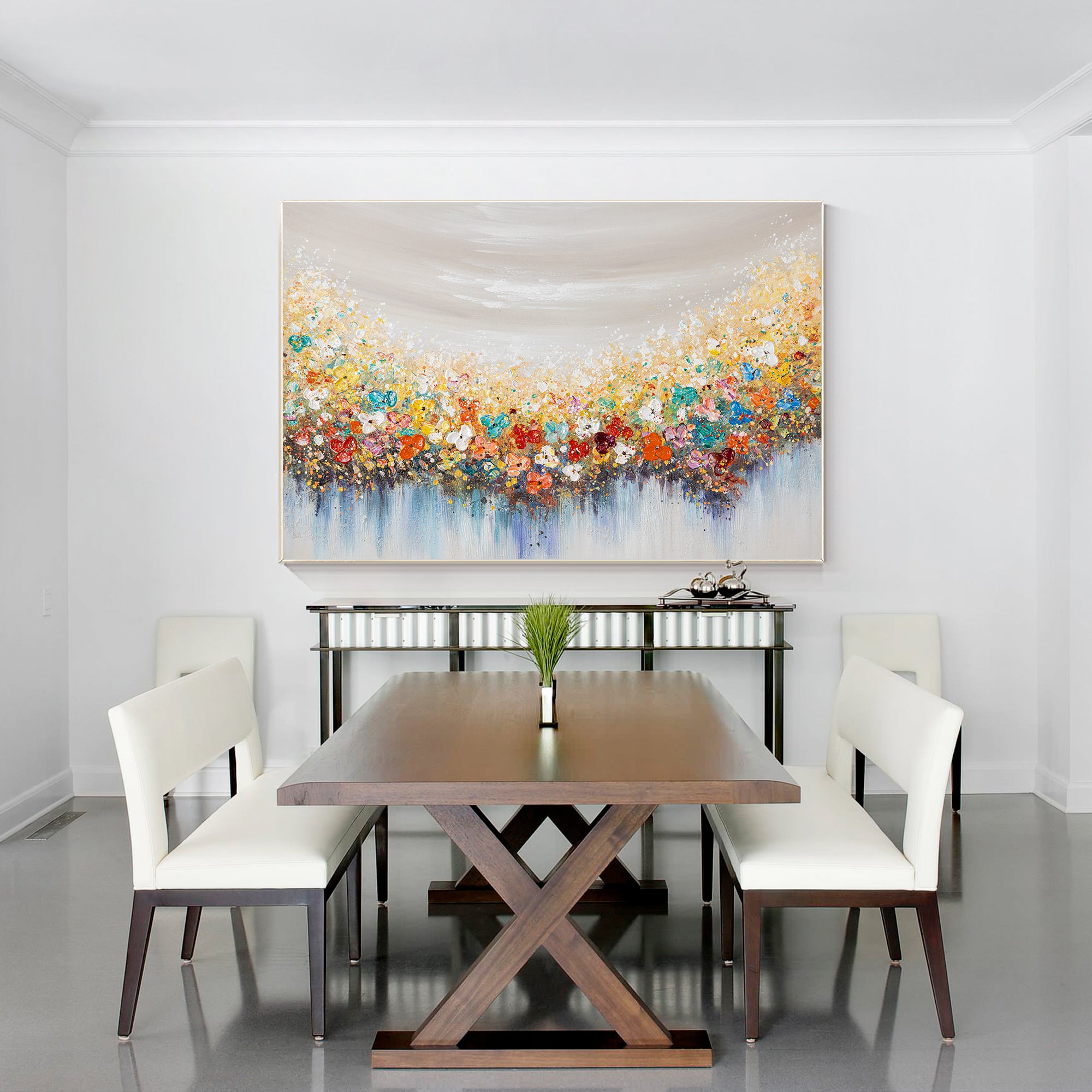 Horizontal 3D textured colorful wildflower painting on canvas, extra-large floral wall art for modern home decor or vibrant living spaces.