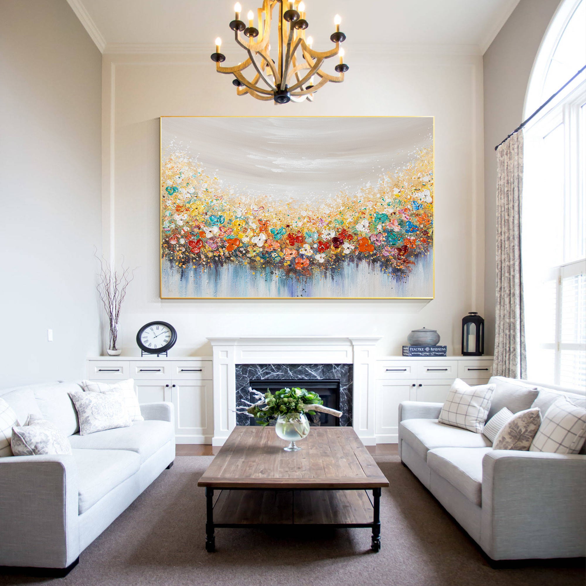 Horizontal 3D textured colorful wildflower painting on canvas, extra-large floral wall art for modern home decor or vibrant living spaces.