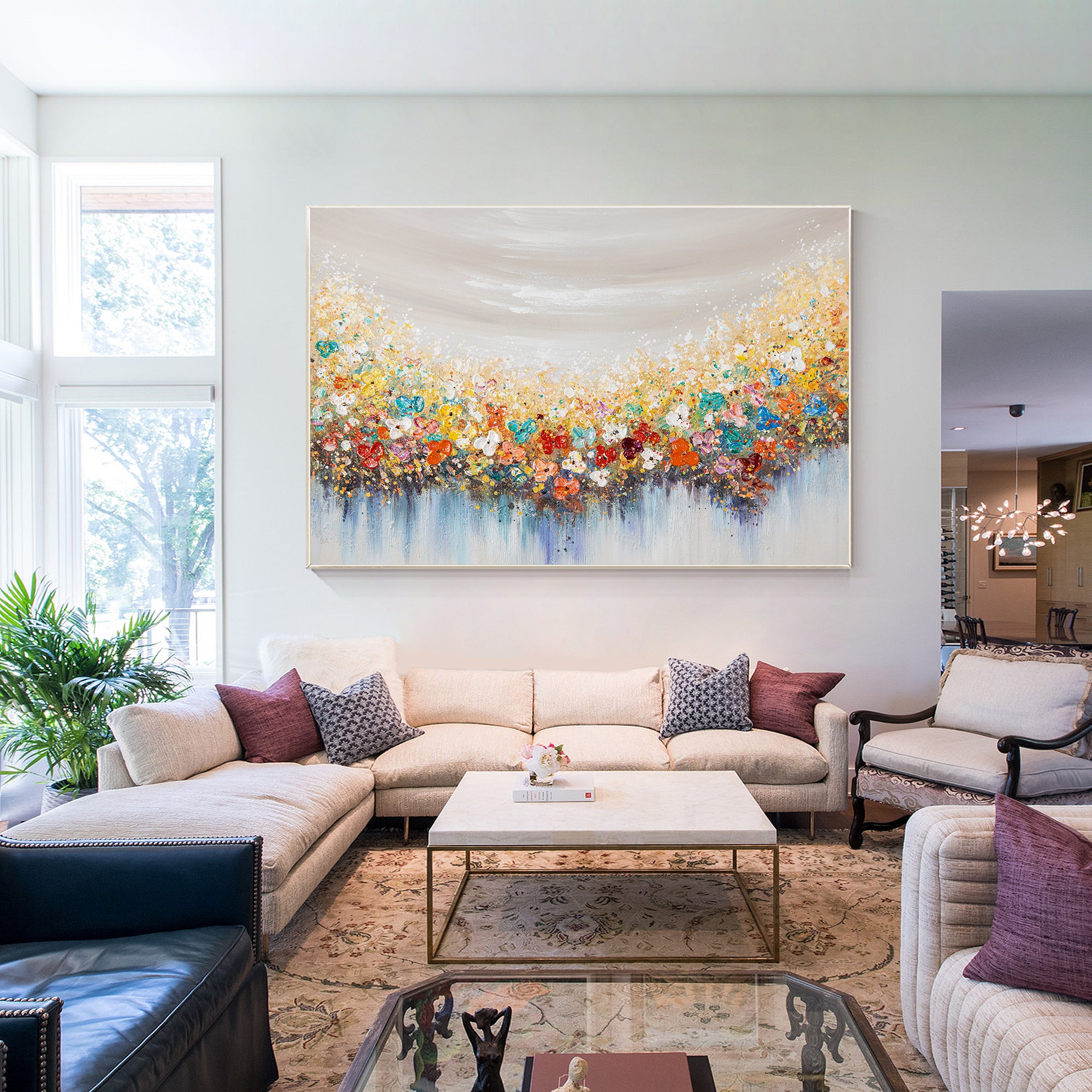 Horizontal 3D textured colorful wildflower painting on canvas, extra-large floral wall art for modern home decor or vibrant living spaces.