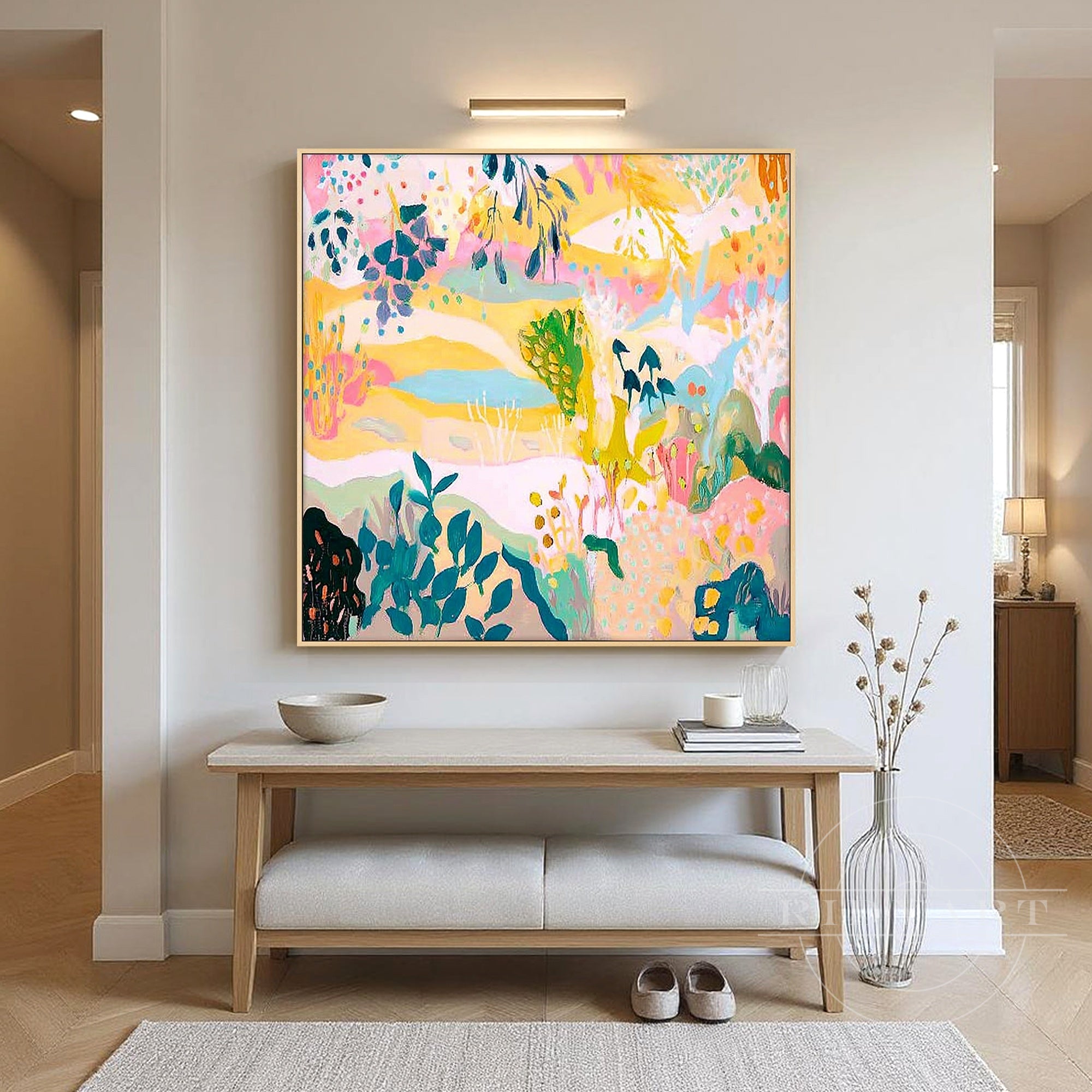 Bright yellow abstract funky multicolor wall art canvas