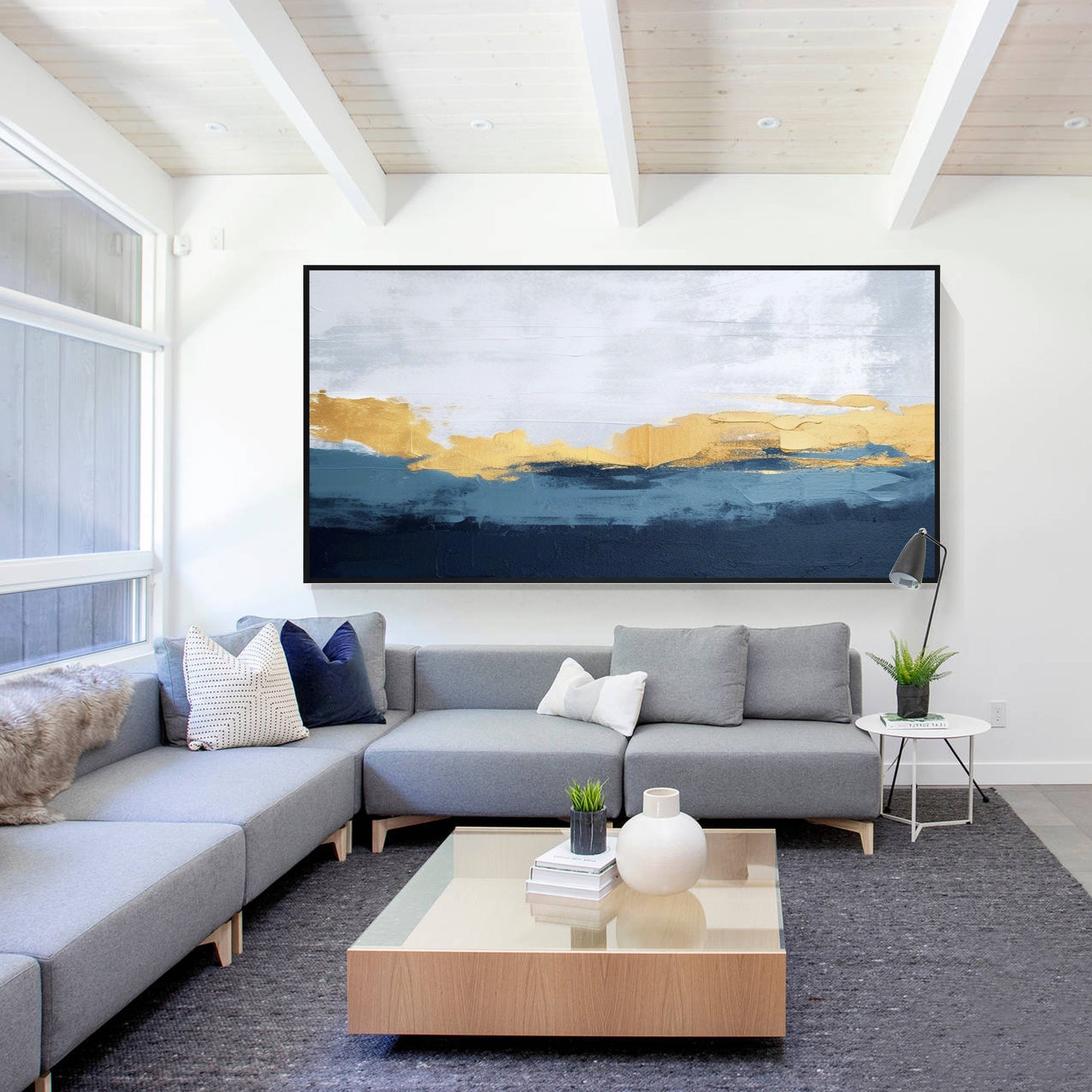 Navy Blue Ocean With Gold Leaf Abstract Oil Painting