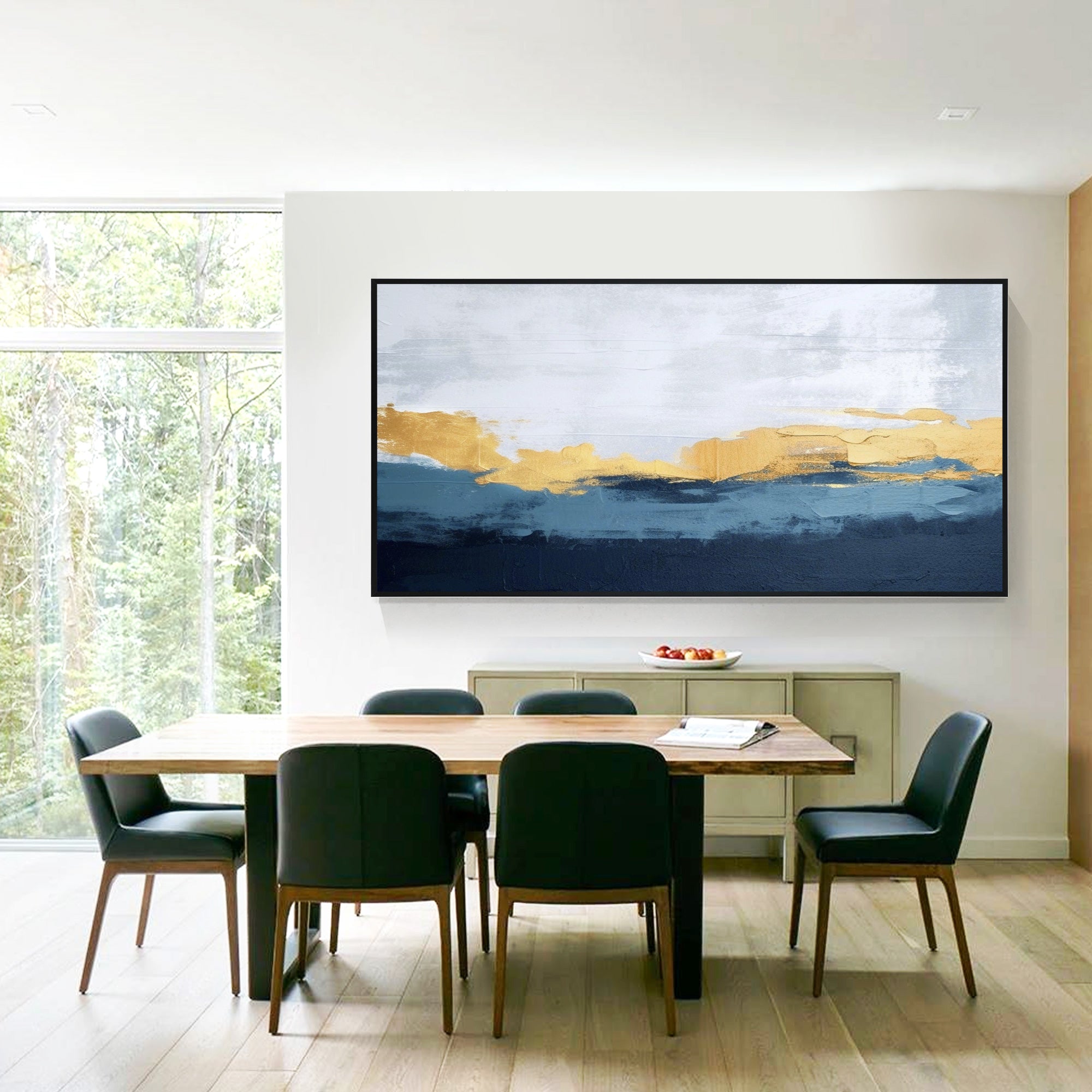 Navy Blue Ocean With Gold Leaf Abstract Oil Painting
