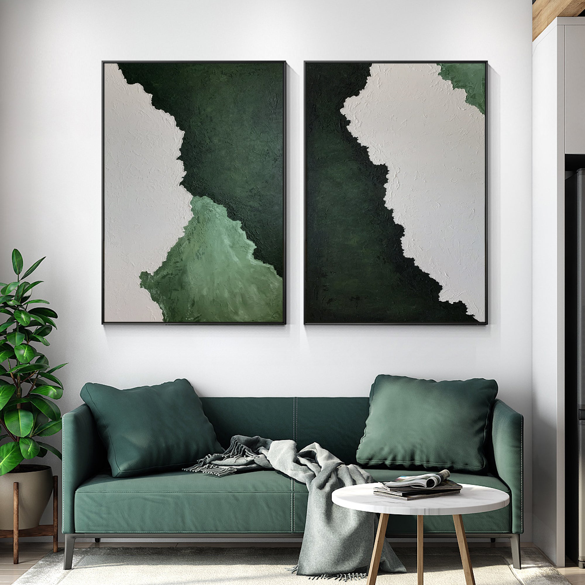 Set Of 2 Green Texture Abstract Oil Painting