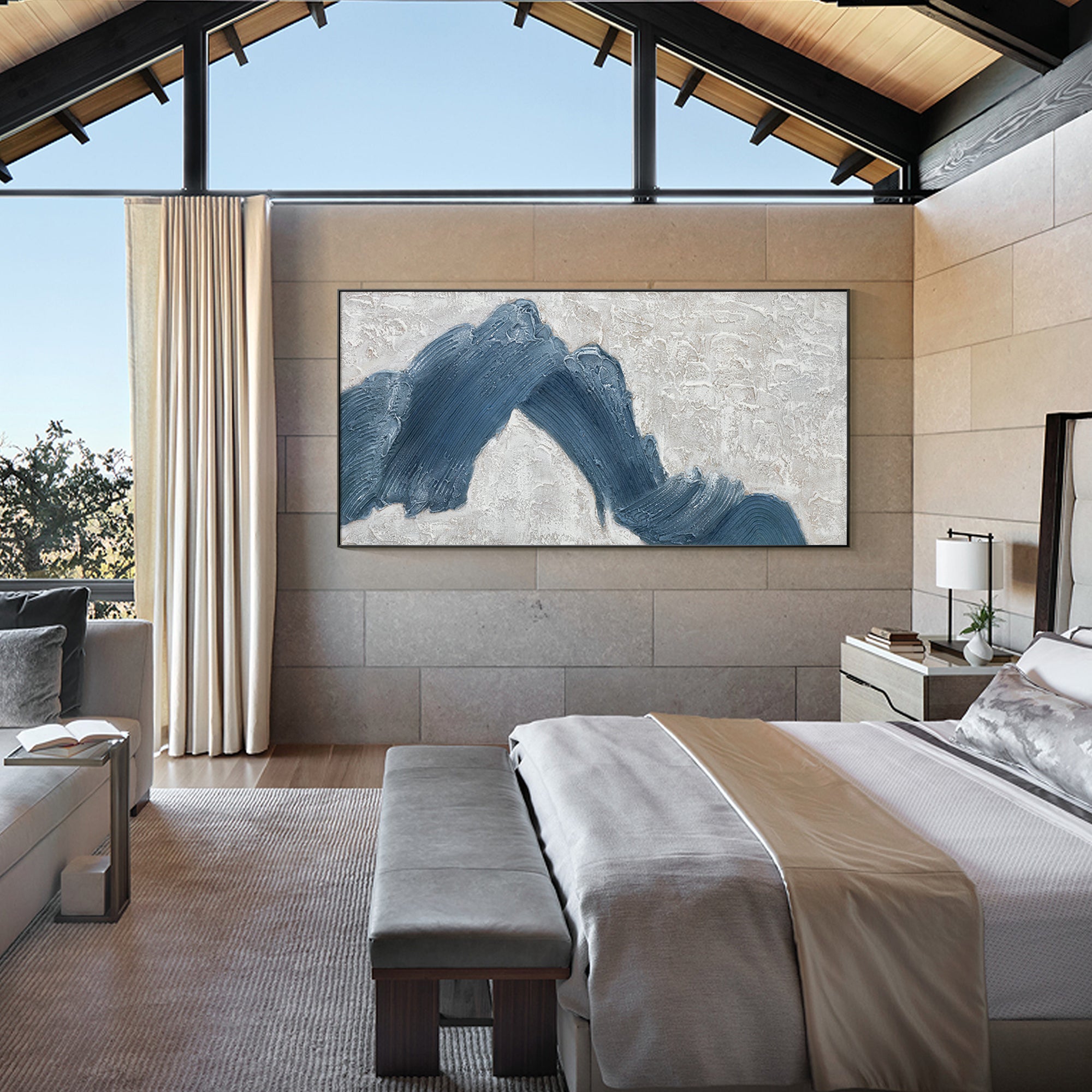 Navy Blue Mountain Textured Painting