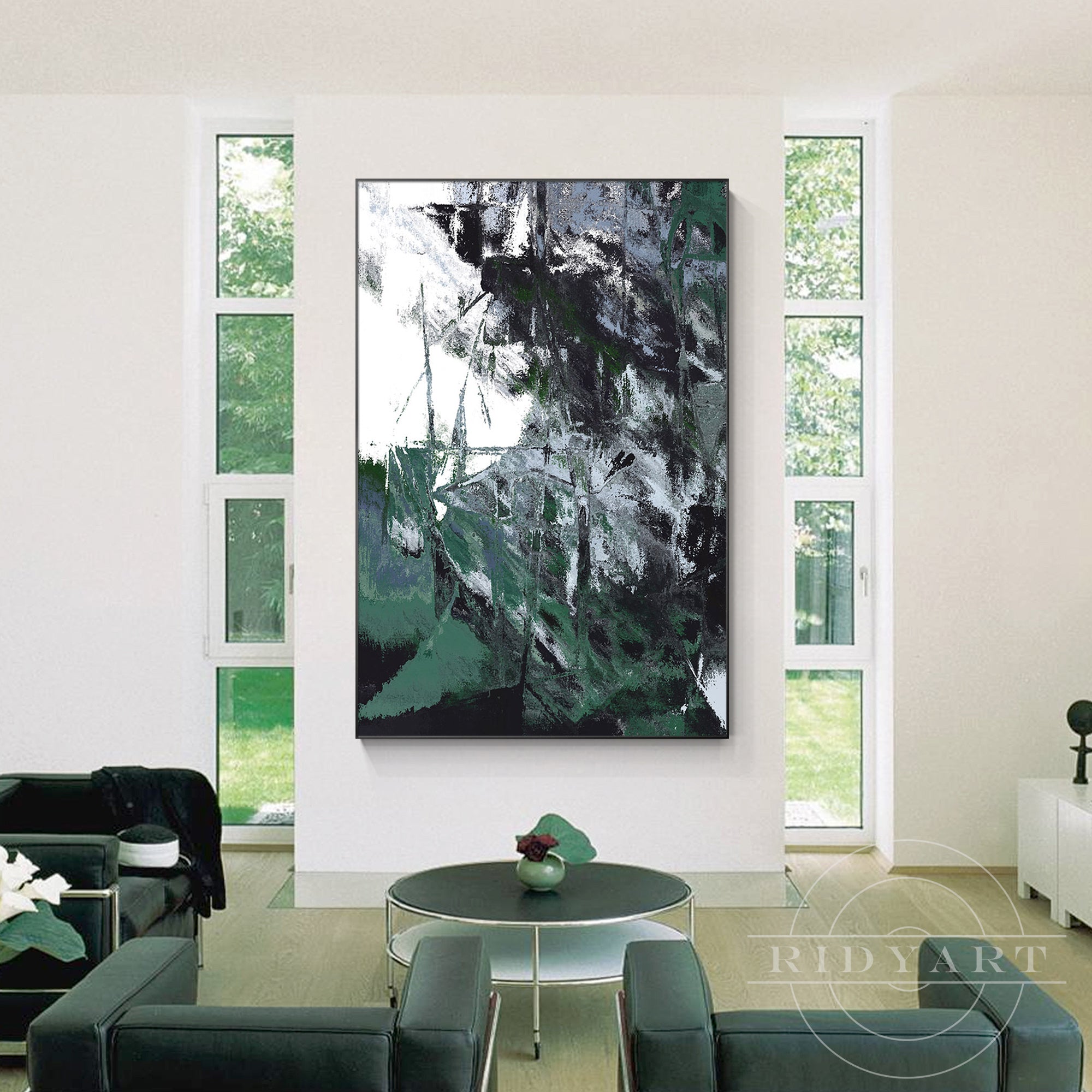 Modern green and gray oil painting for wall decor