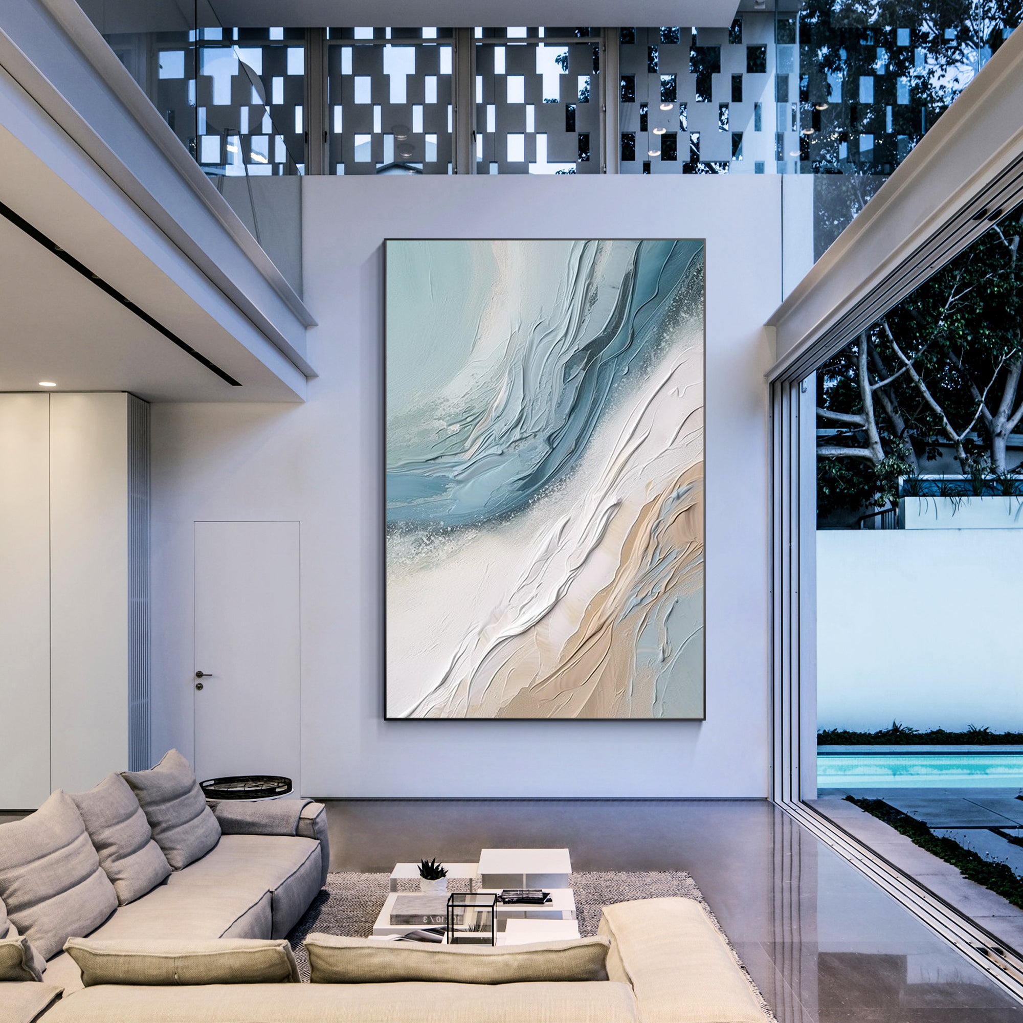 Cream white and blue abstract ocean painting on canvas with 3D textures. Features coastal sea waves, ideal for extra-large modern wall decor.