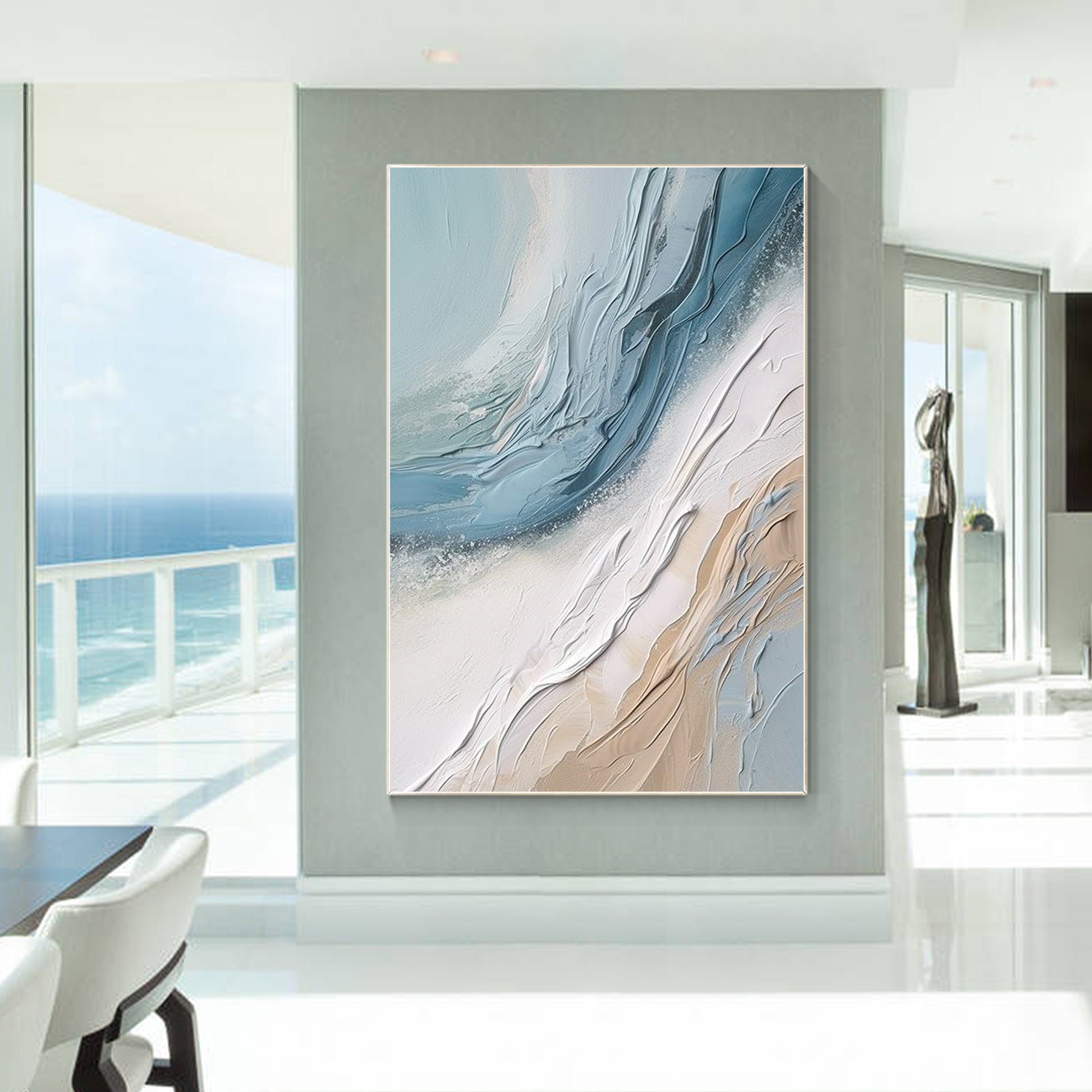 Cream white and blue abstract ocean painting on canvas with 3D textures. Features coastal sea waves, ideal for extra-large modern wall decor.
