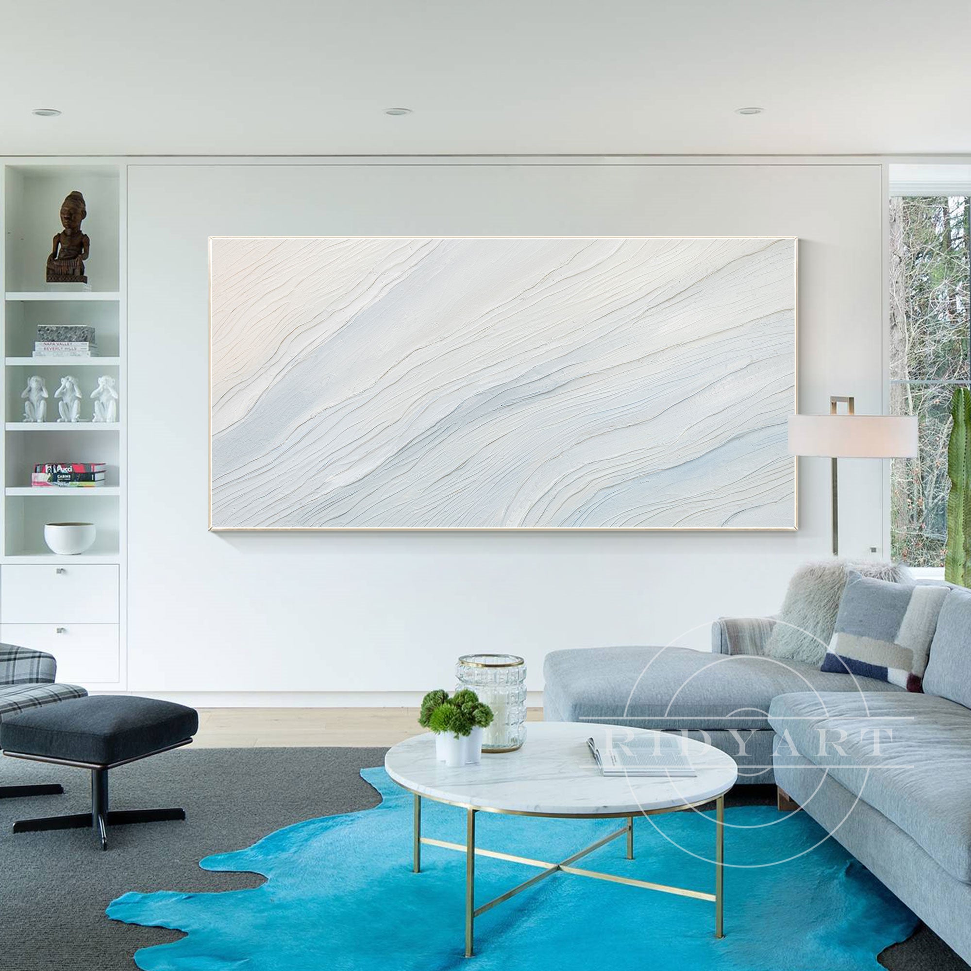 Extra-large cream white and light blue 3D textured ocean waves painting on canvas, horizontal wall art for modern or coastal-inspired interiors.