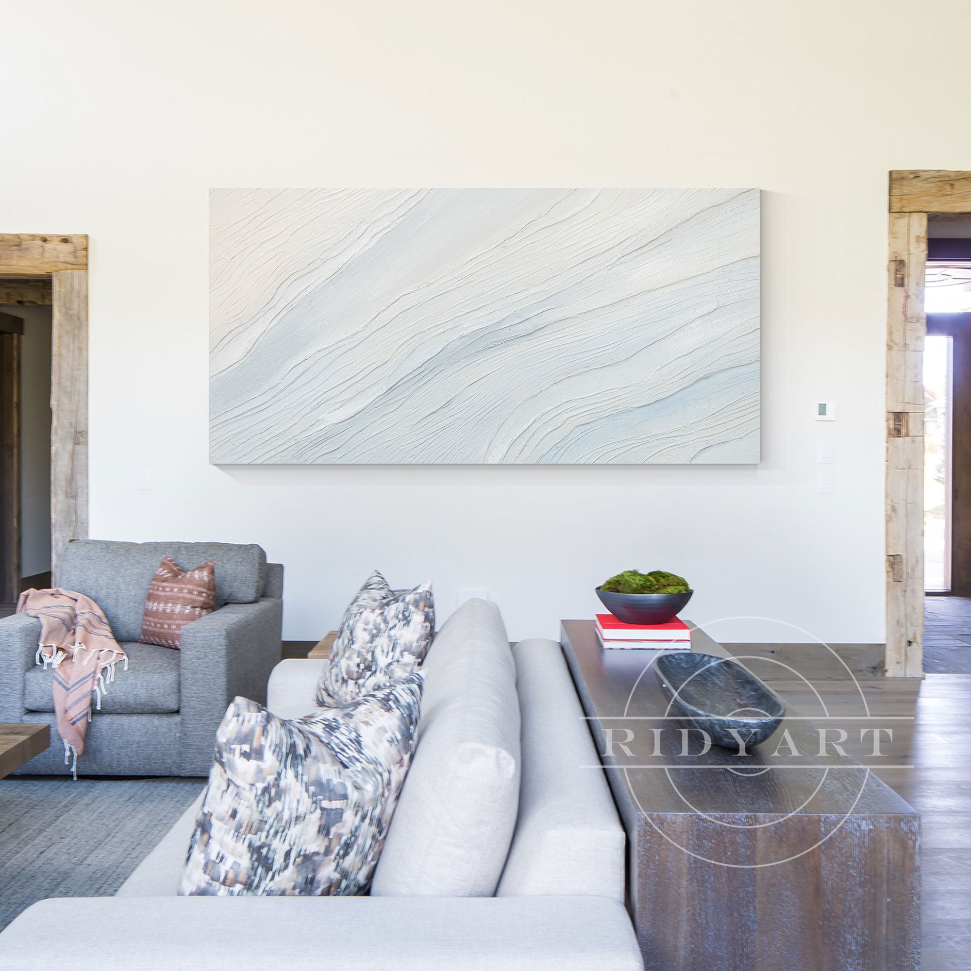Extra-large cream white and light blue 3D textured ocean waves painting on canvas, horizontal wall art for modern or coastal-inspired interiors.