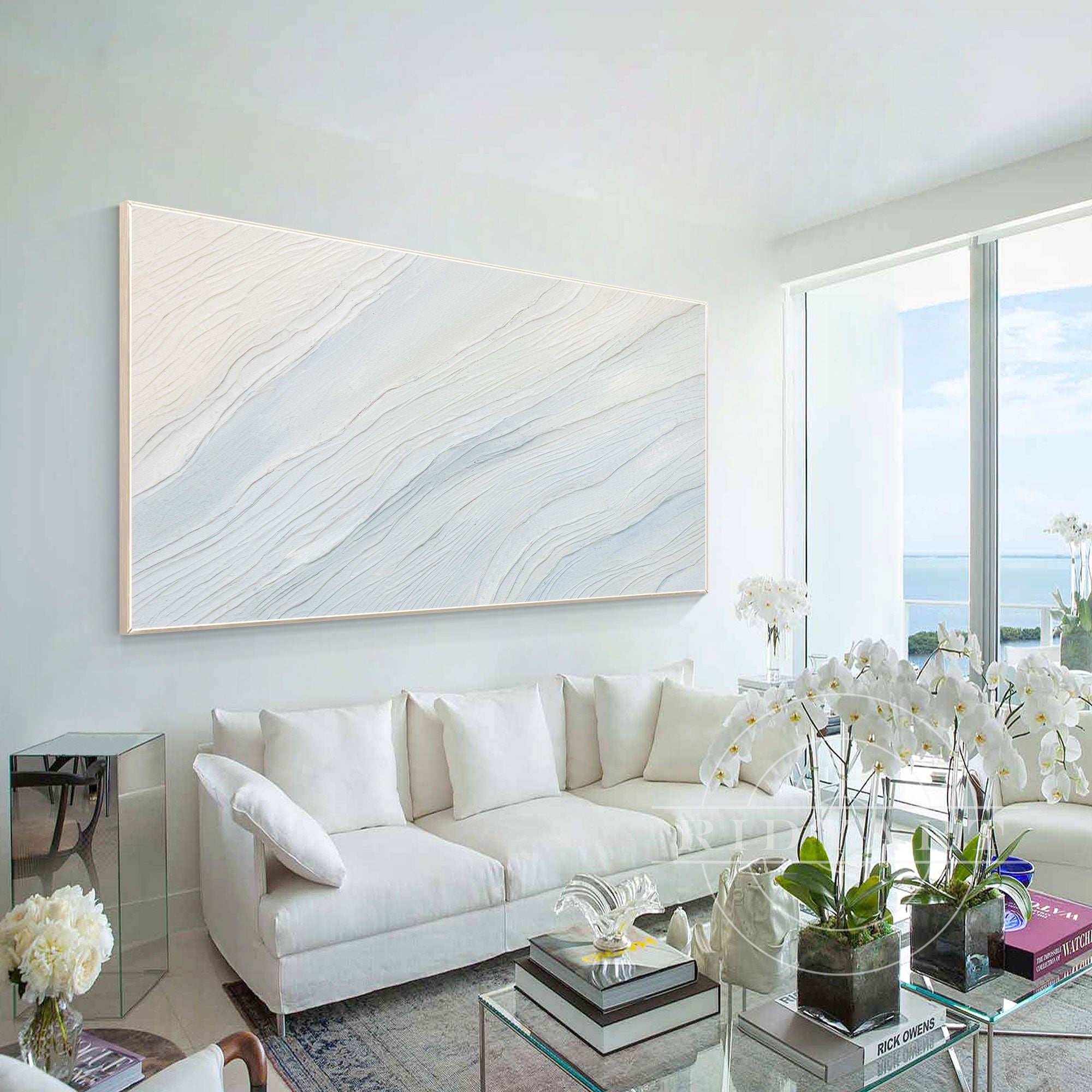 Extra-large cream white and light blue 3D textured ocean waves painting on canvas, horizontal wall art for modern or coastal-inspired interiors.