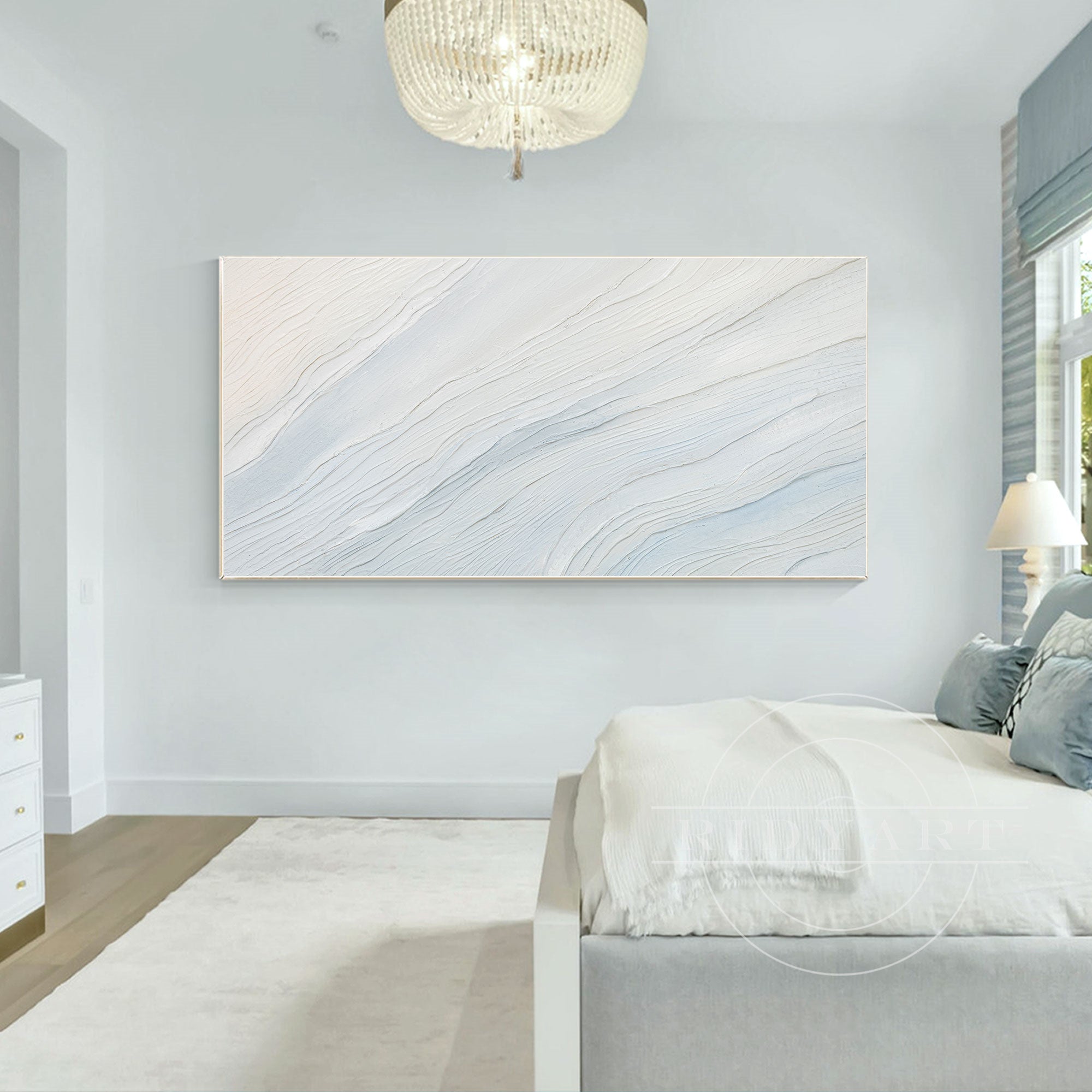 Extra-large cream white and light blue 3D textured ocean waves painting on canvas, horizontal wall art for modern or coastal-inspired interiors.