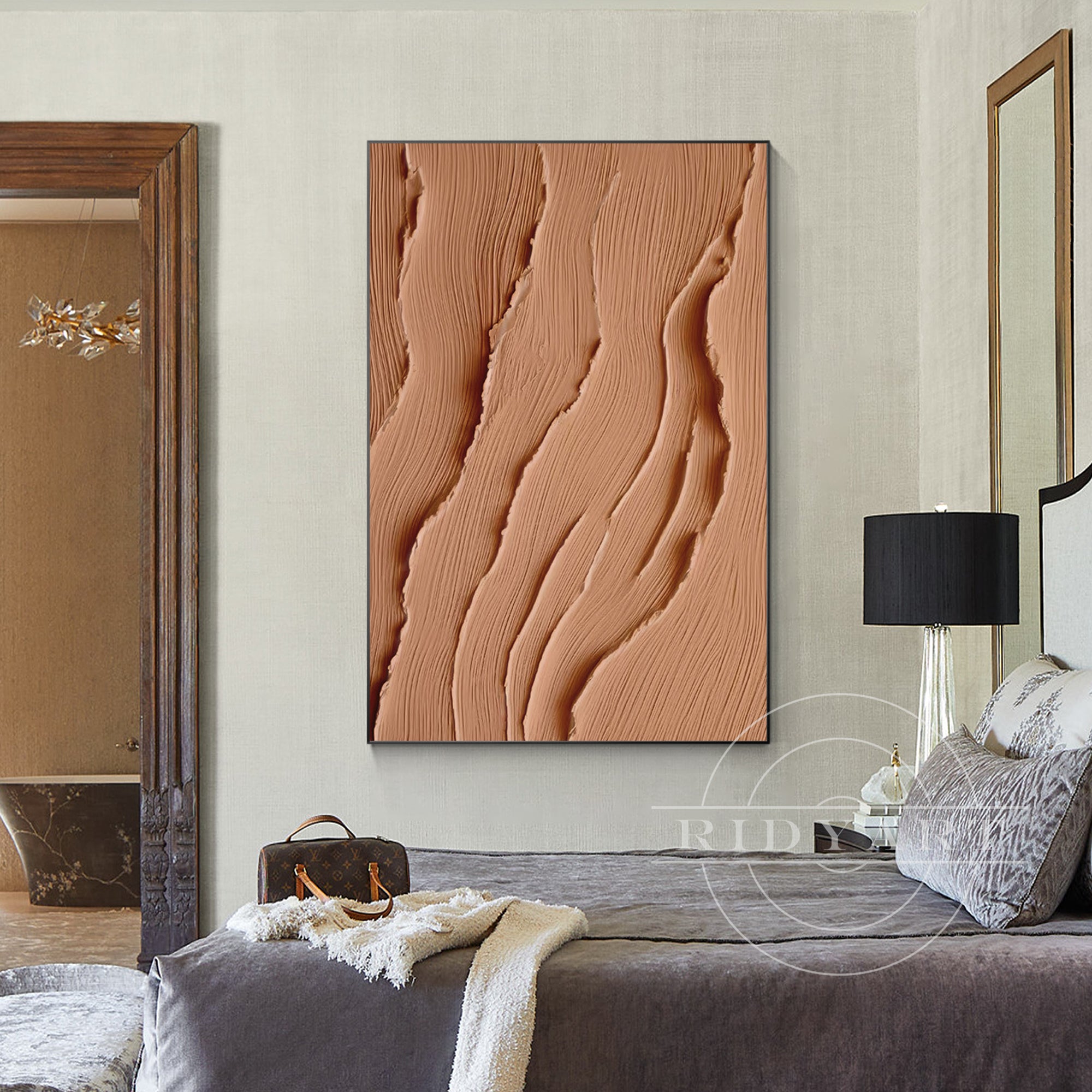 Extra-large earth-tone abstract ocean painting on canvas with 3D texture in brown tones, perfect for coastal-inspired or Wabi Sabi wall decor.