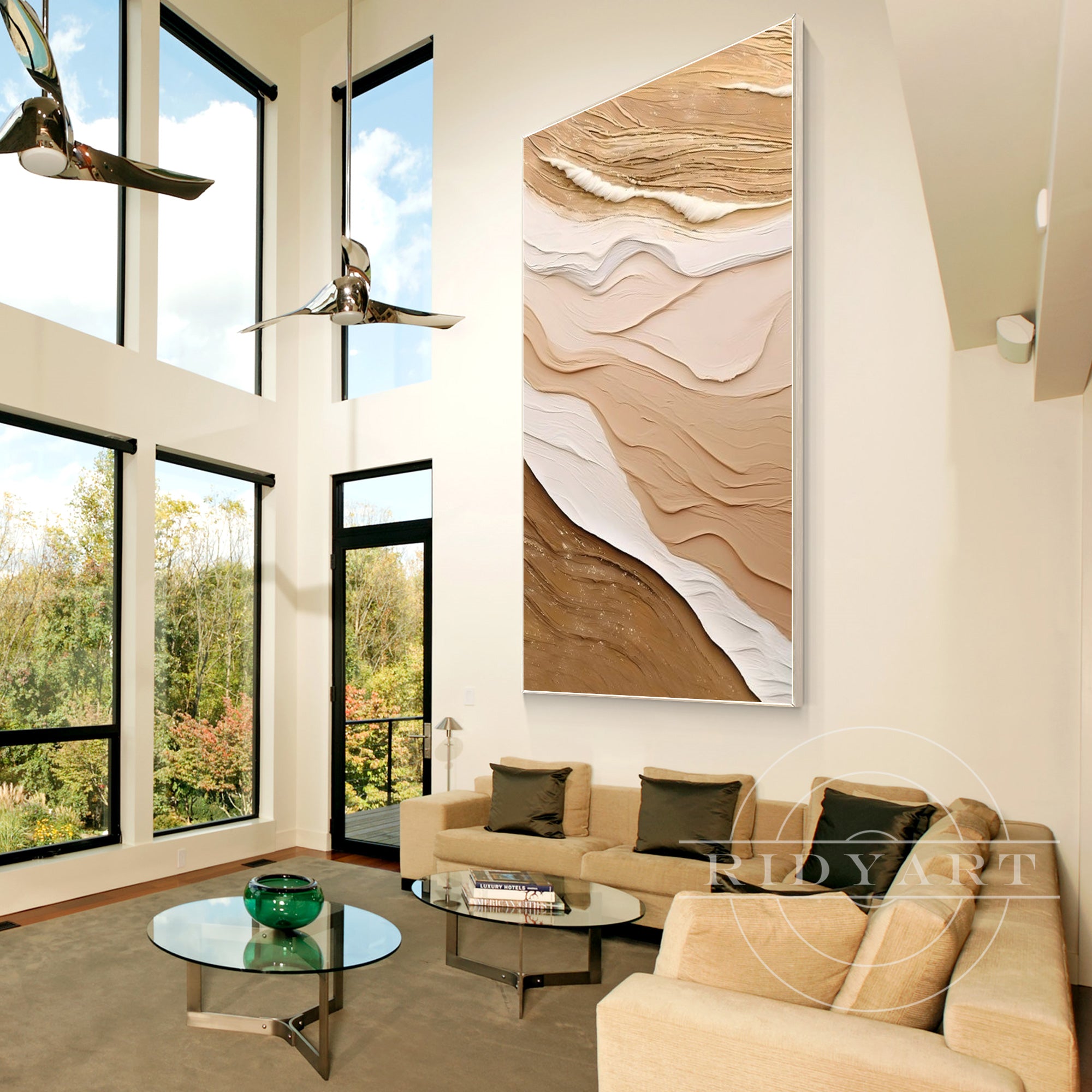 Vertical earth-tone ocean waves painting with thick texture on canvas, perfect for coastal-inspired living room decor and modern interior design.