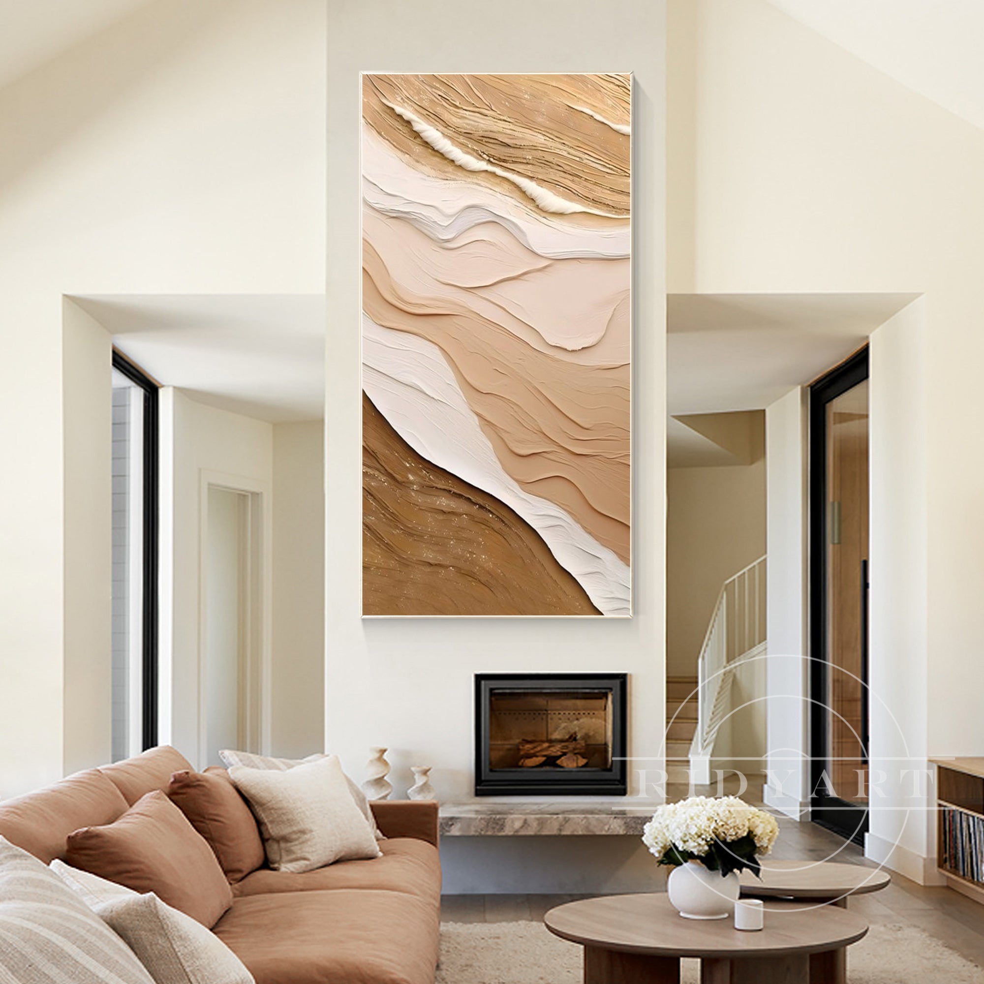 Vertical earth-tone ocean waves painting with thick texture on canvas, perfect for coastal-inspired living room decor and modern interior design.