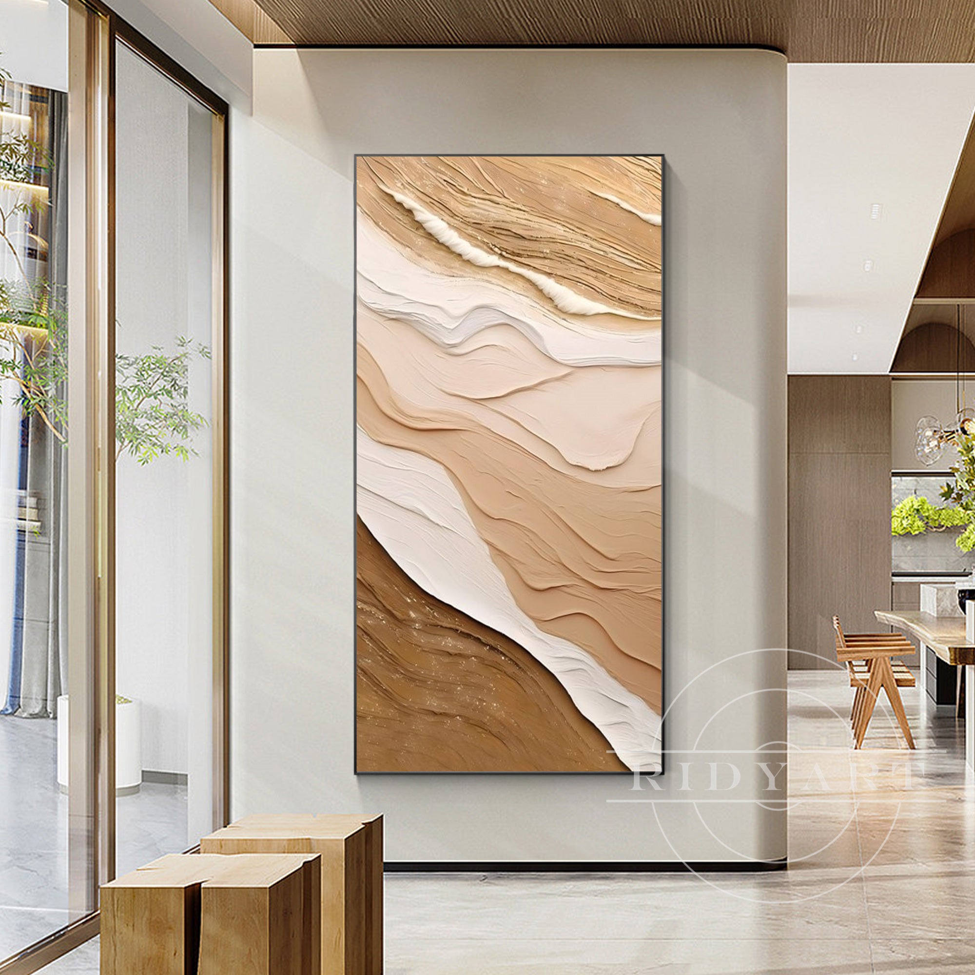 Vertical earth-tone ocean waves painting with thick texture on canvas, perfect for coastal-inspired living room decor and modern interior design.