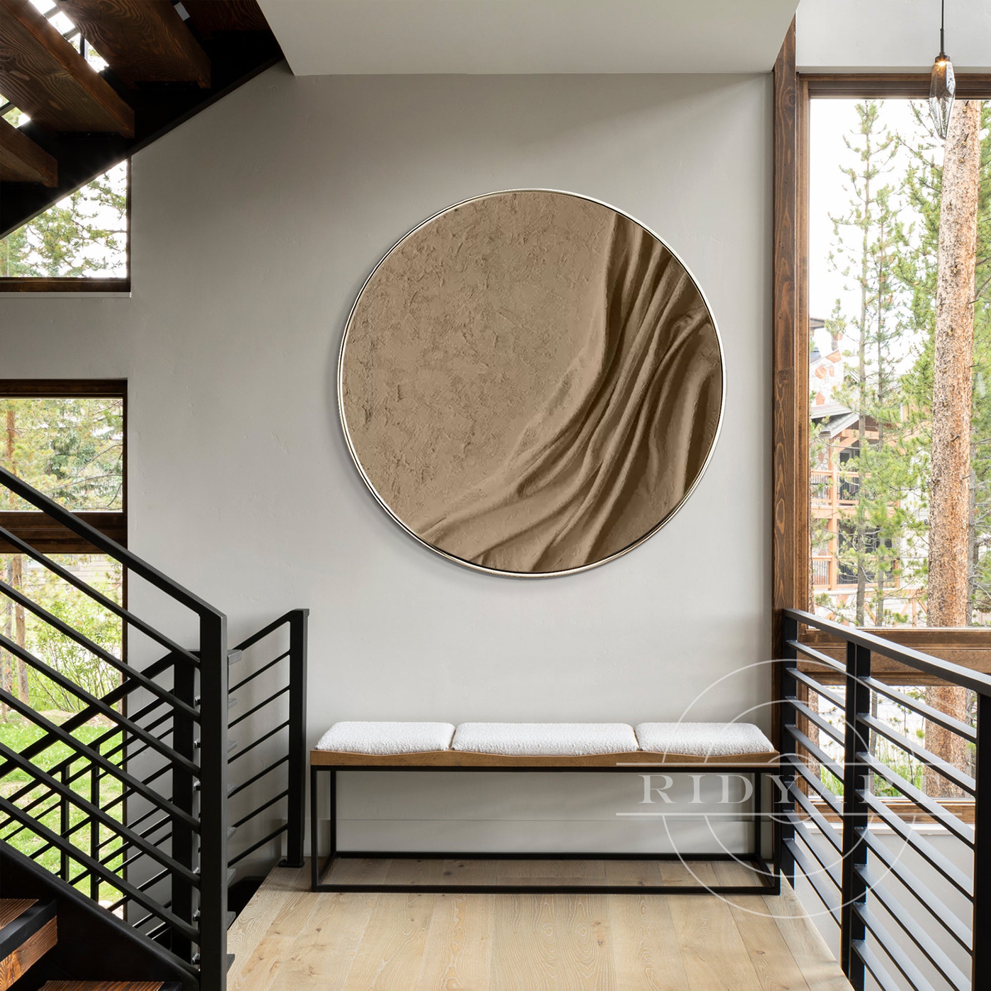 Round earth-tone wall art with 3D thick texture, featuring brown tones and minimalist Wabi Sabi style, framed for modern interior decor.