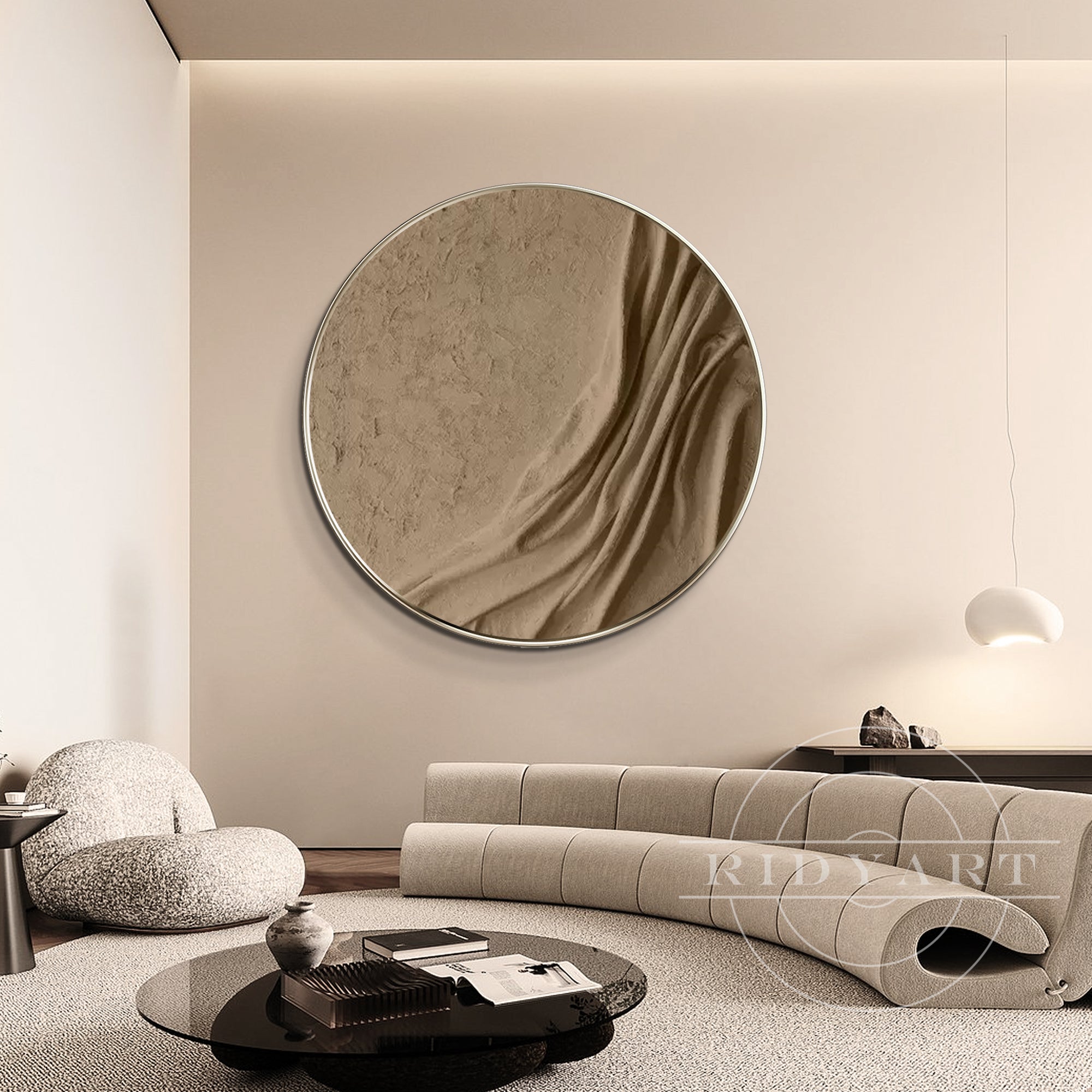 Round earth-tone wall art with 3D thick texture, featuring brown tones and minimalist Wabi Sabi style, framed for modern interior decor.