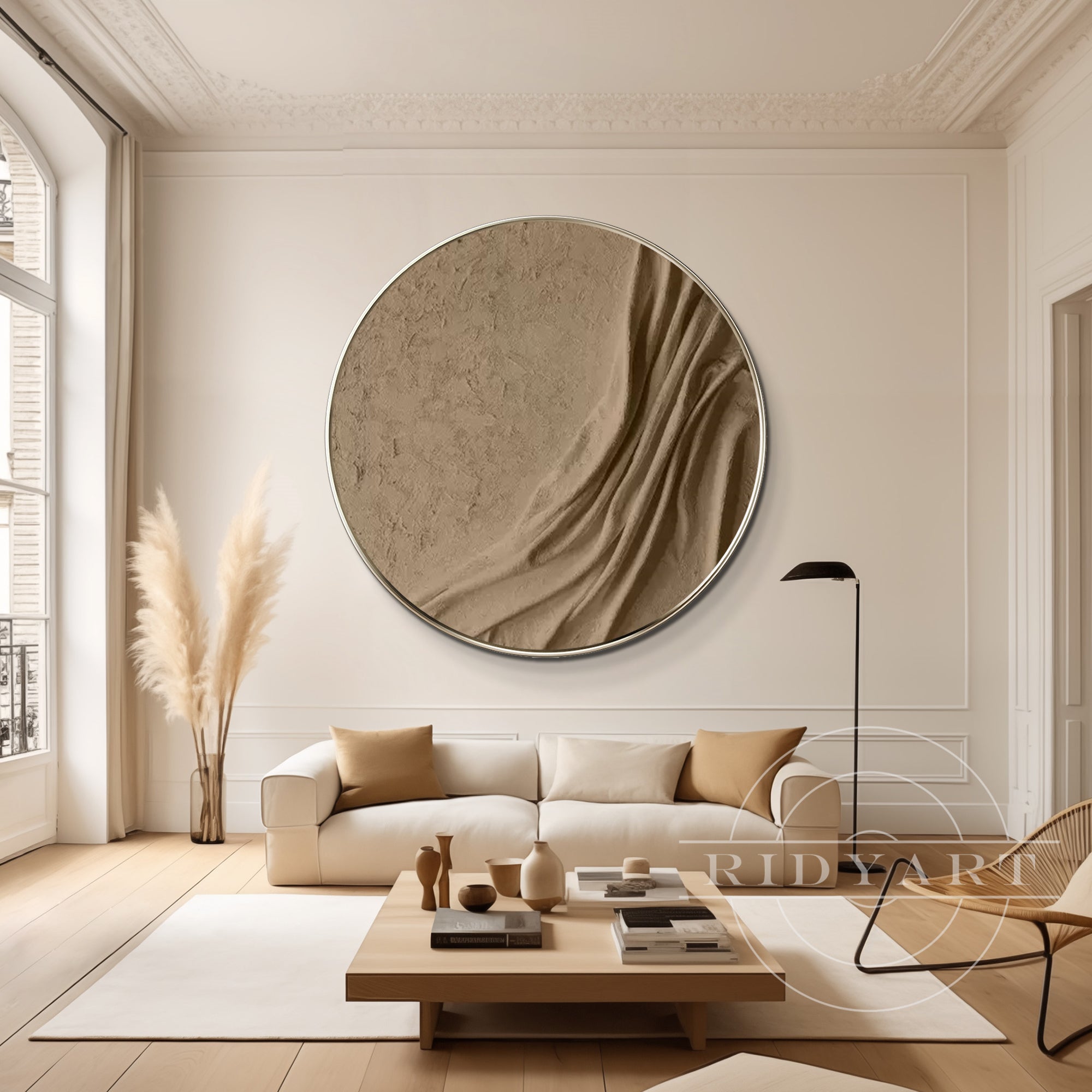 Round earth-tone wall art with 3D thick texture, featuring brown tones and minimalist Wabi Sabi style, framed for modern interior decor.