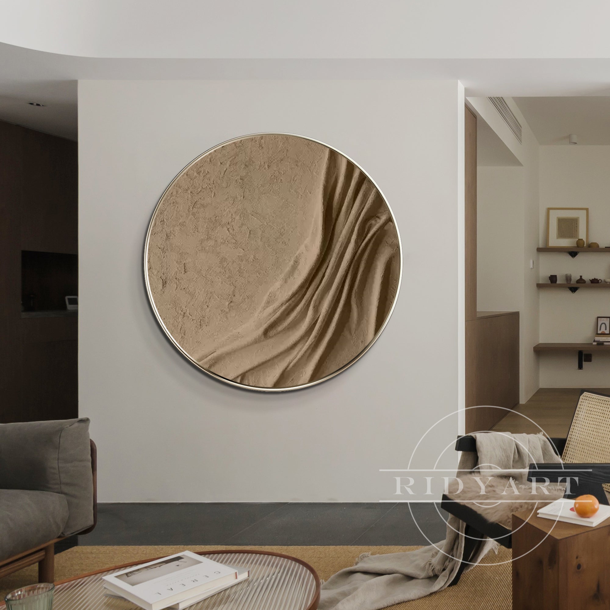 Round earth-tone wall art with 3D thick texture, featuring brown tones and minimalist Wabi Sabi style, framed for modern interior decor.
