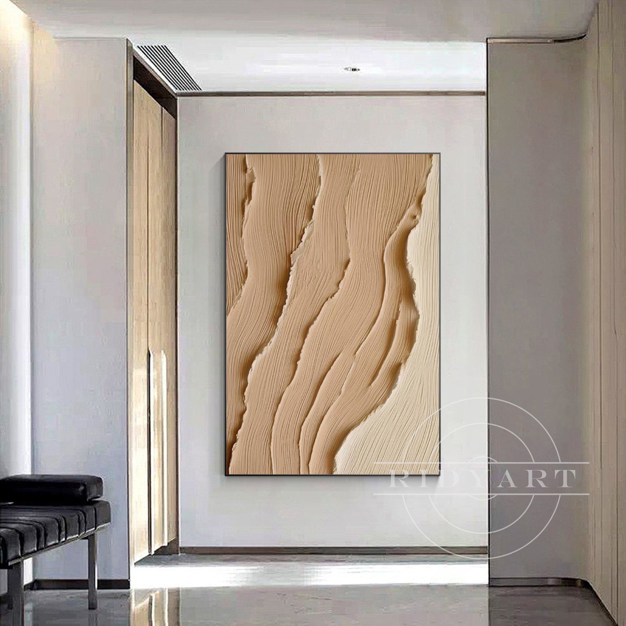 Extra-large earth-tone sea art with 3D texture on canvas featuring abstract ocean waves in brown tones, ideal for coastal or Wabi Sabi wall decor.