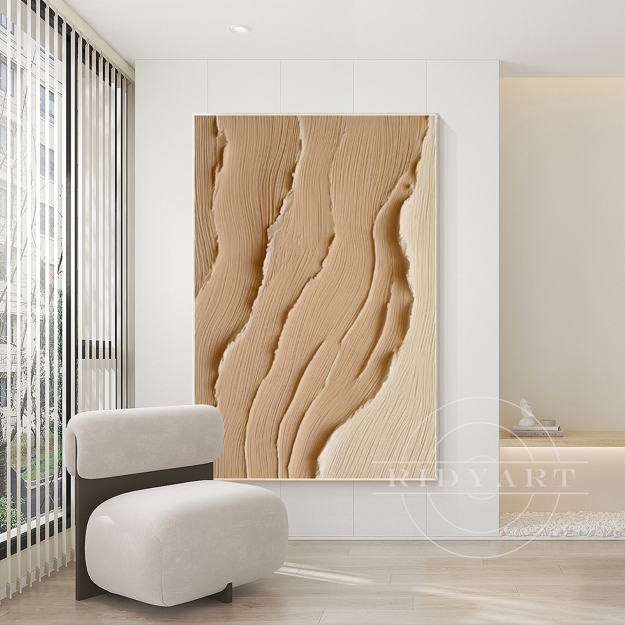 Extra-large earth-tone sea art with 3D texture on canvas featuring abstract ocean waves in brown tones, ideal for coastal or Wabi Sabi wall decor.