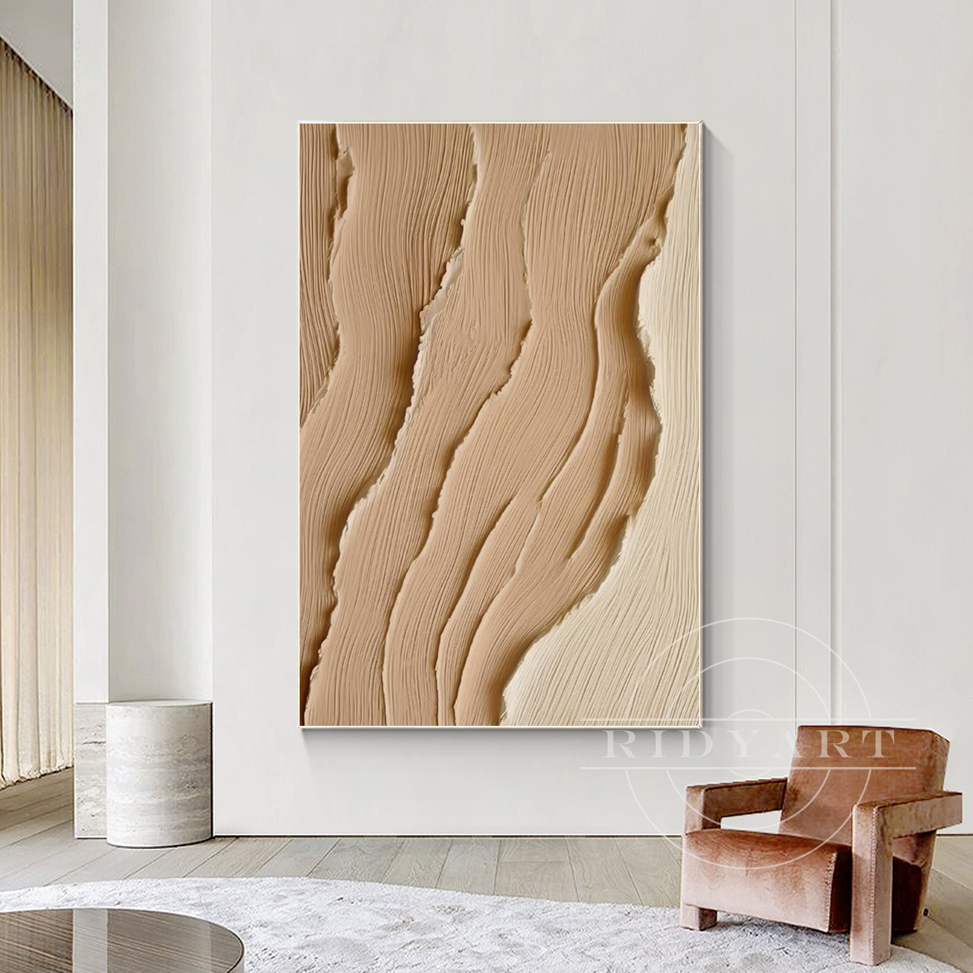 Extra-large earth-tone sea art with 3D texture on canvas featuring abstract ocean waves in brown tones, ideal for coastal or Wabi Sabi wall decor.