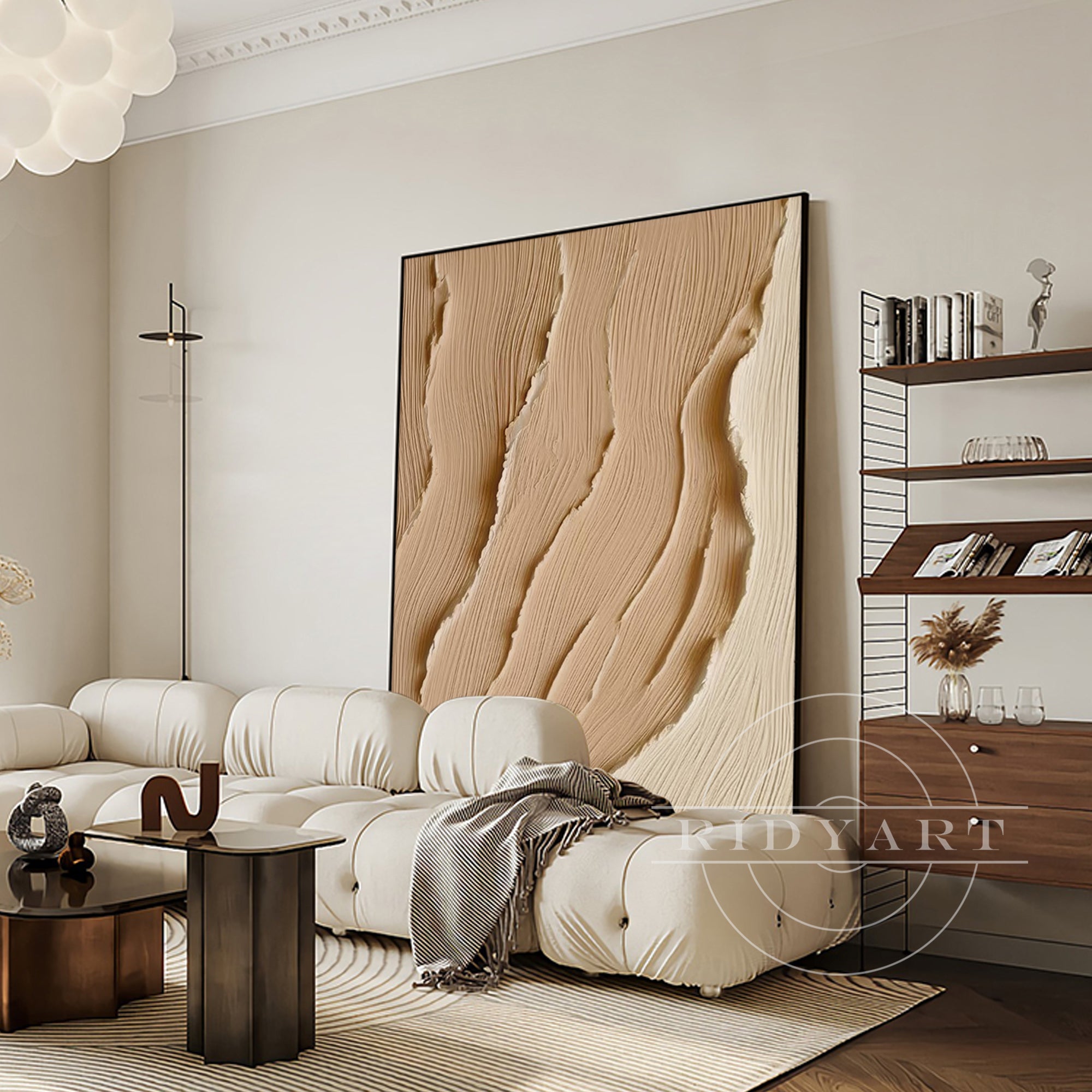 Extra-large earth-tone sea art with 3D texture on canvas featuring abstract ocean waves in brown tones, ideal for coastal or Wabi Sabi wall decor.