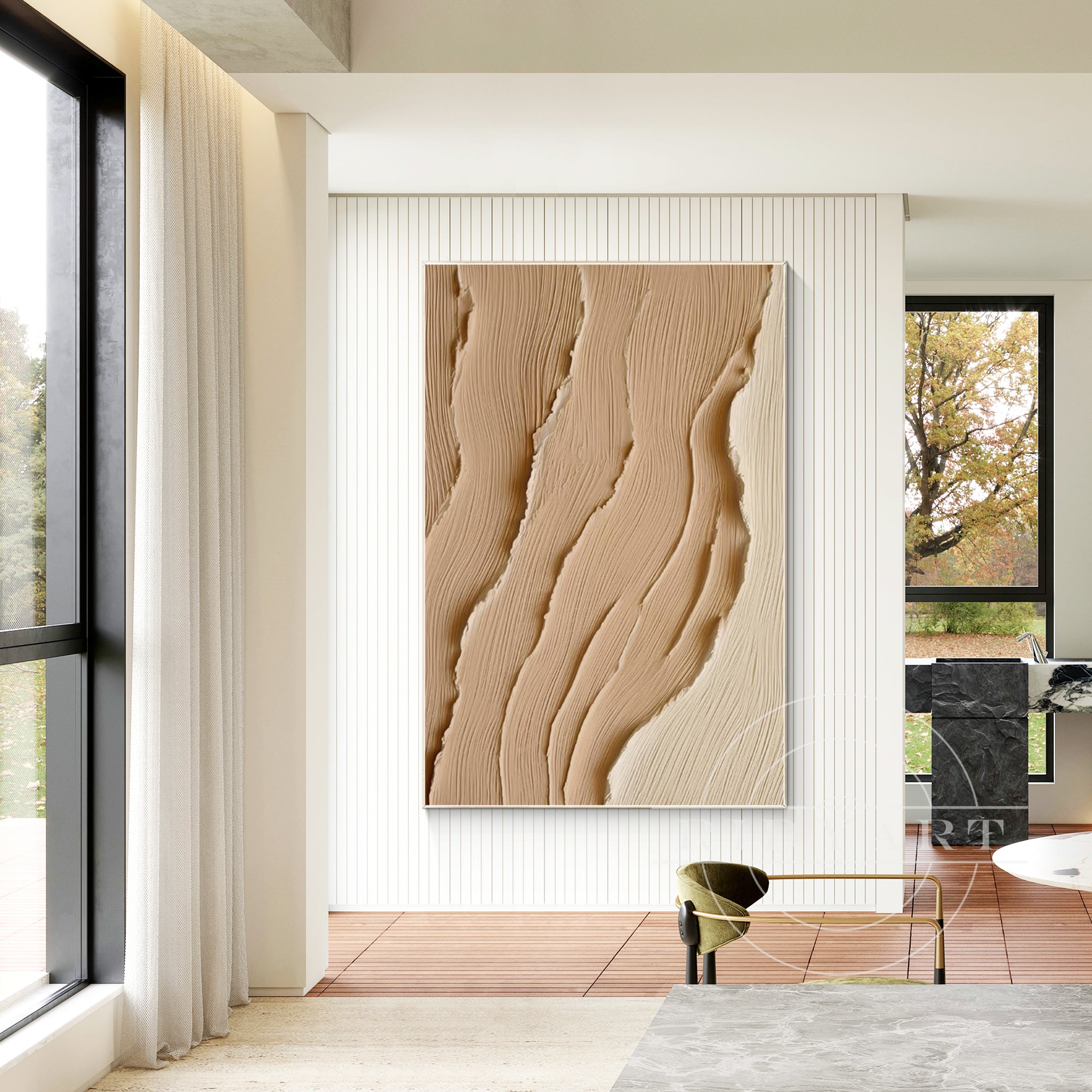 Extra-large earth-tone sea art with 3D texture on canvas featuring abstract ocean waves in brown tones, ideal for coastal or Wabi Sabi wall decor.