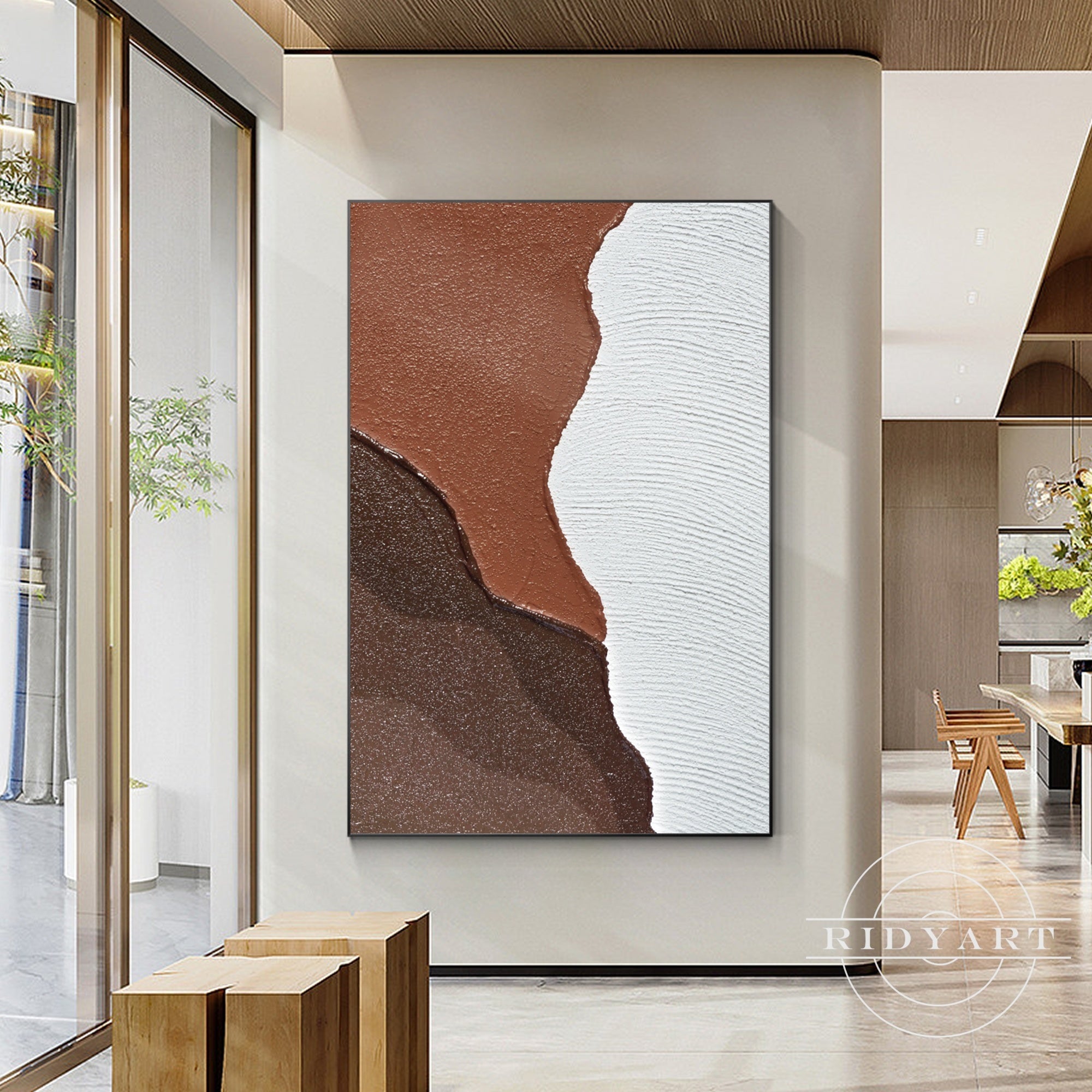 Earth tone abstract ocean painting with textured details.