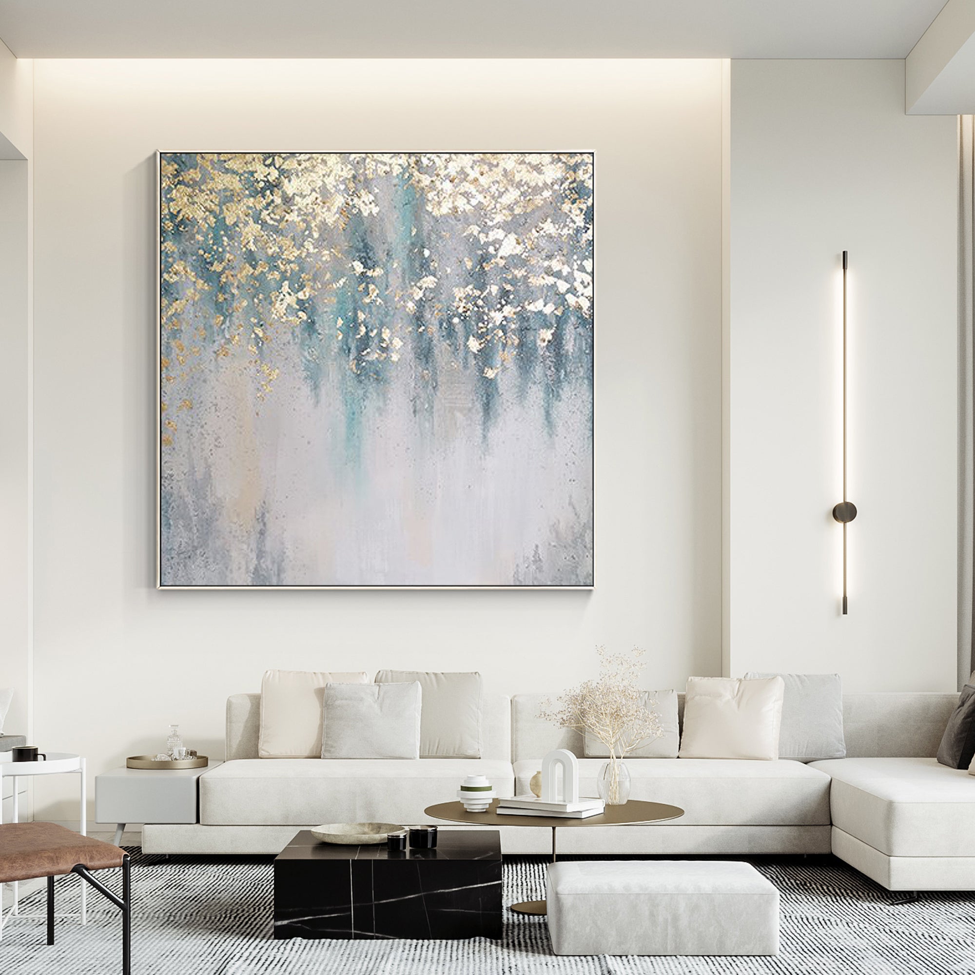Hand-Painted Abstract Artwork Featuring Vibrant Blue and Gold Tones